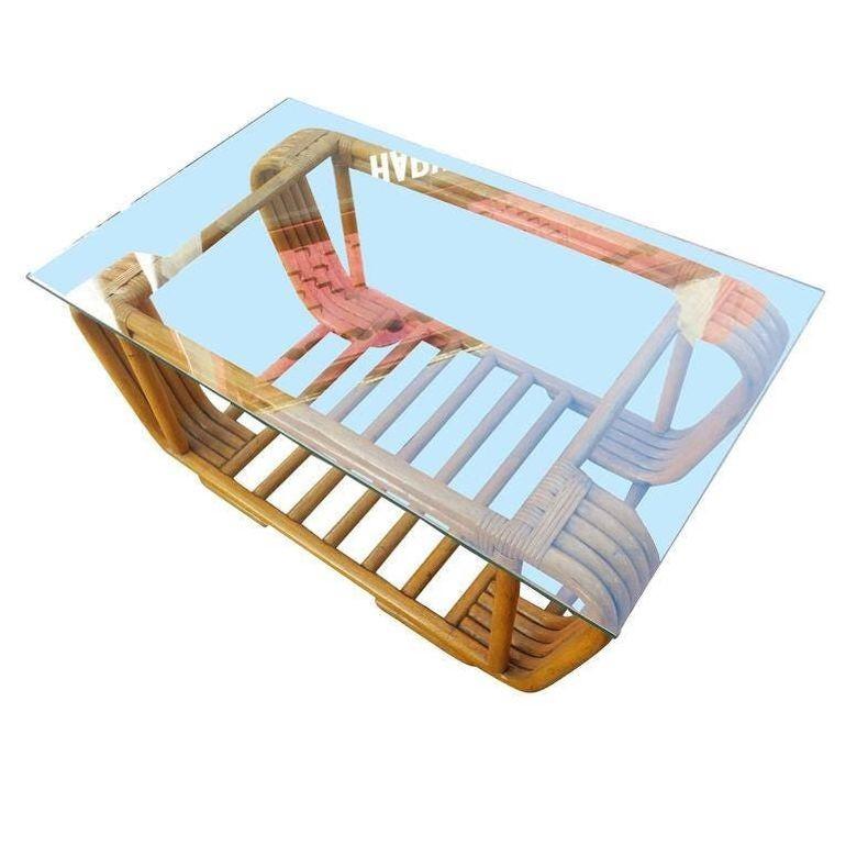 Unknown Restored Five Strand Rattan Coffee Table with Floating Glass Top For Sale