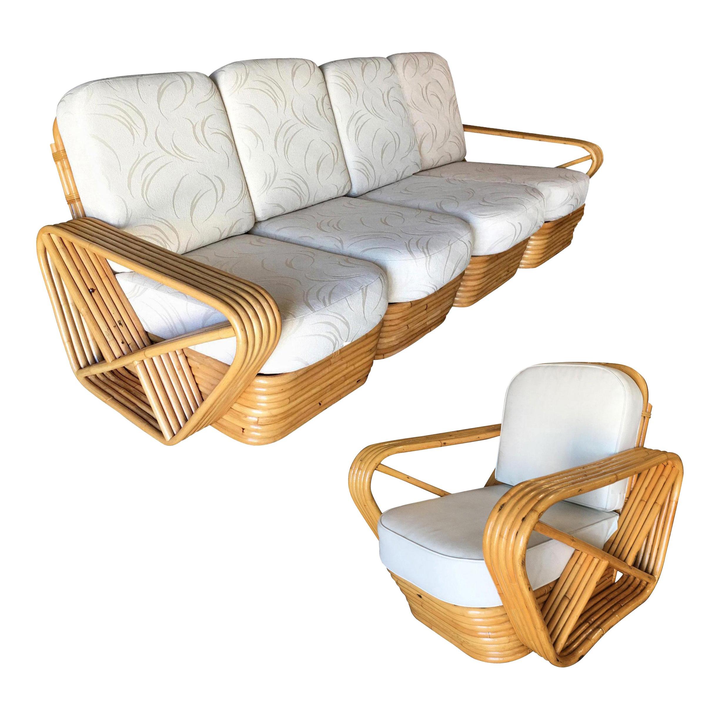 Restored Six-Strand Square Pretzel Four-Seat Sectional Sofa & Lounge Chair Set