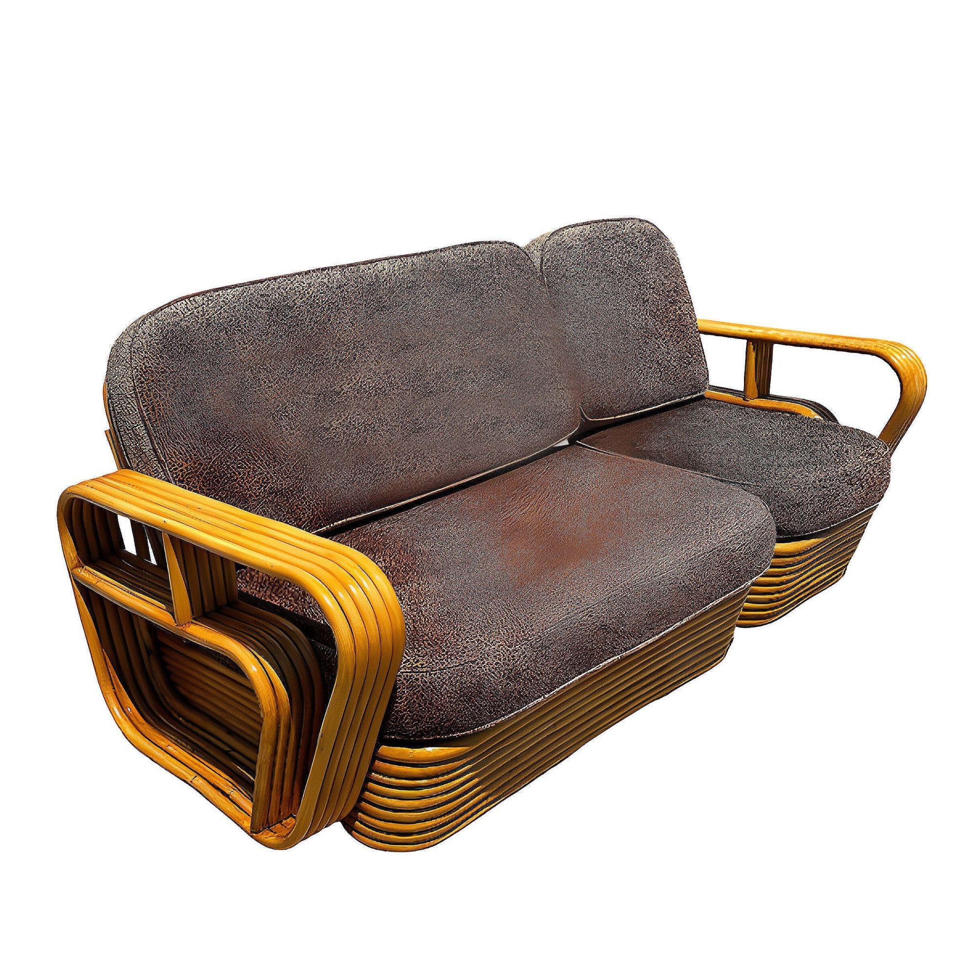 Milieu du XXe siècle Ensemble canapé et chaise en rotin Streamline Square Pretzel à cinq brins restauré en vente