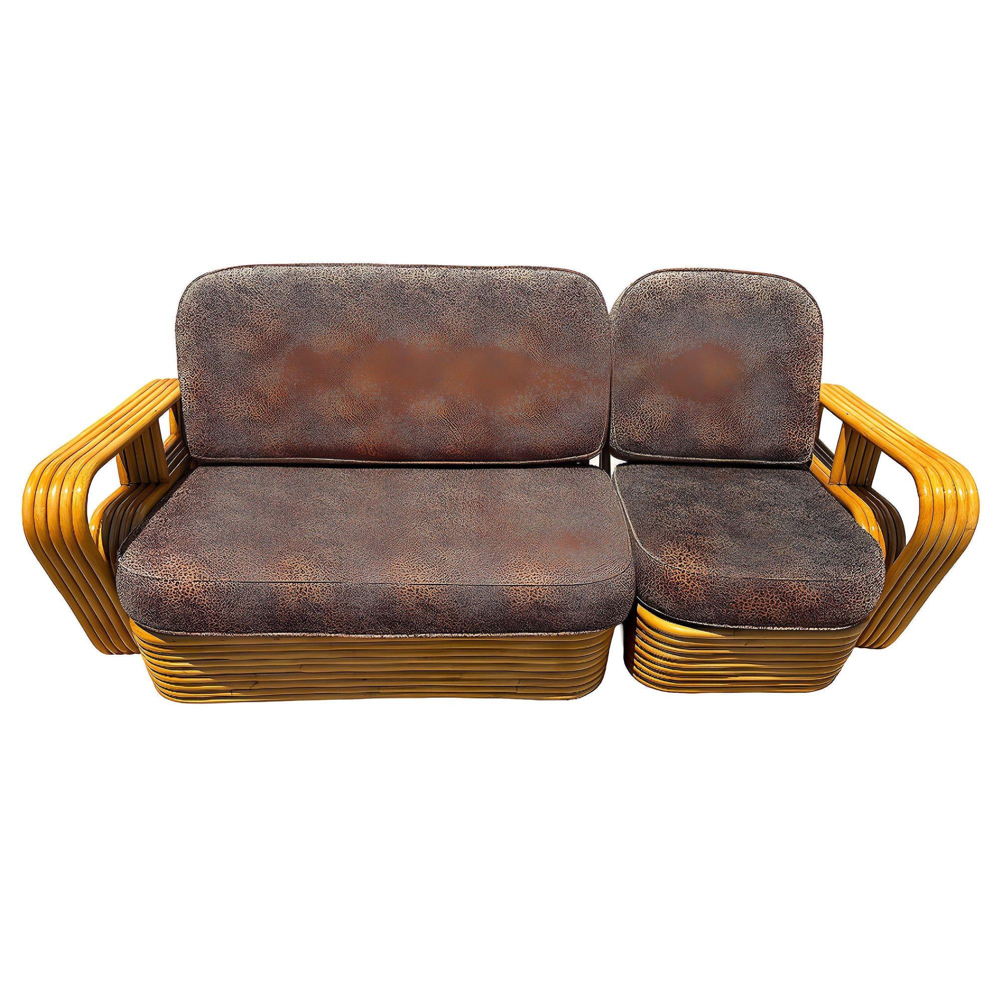 Rotin Ensemble canapé et chaise en rotin Streamline Square Pretzel à cinq brins restauré en vente