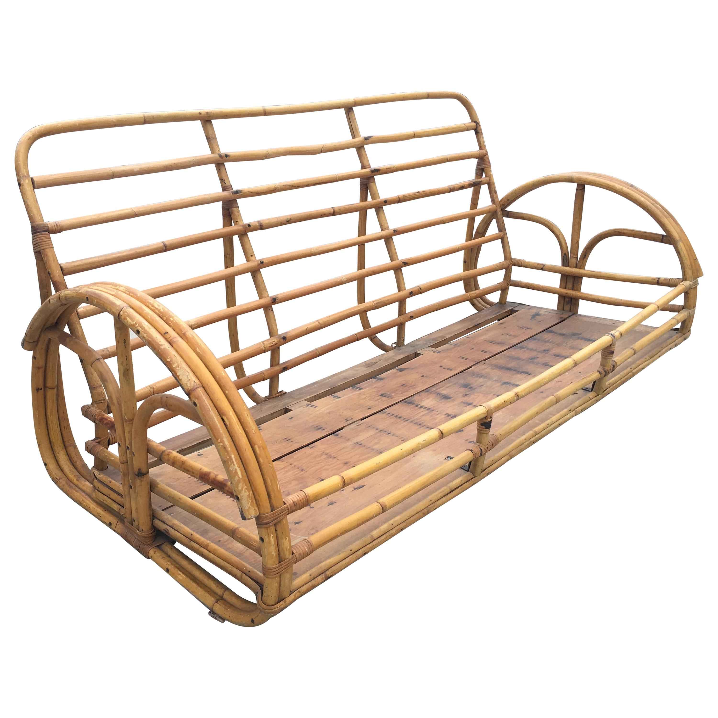 Restored "Floral Rose" Arm Rattan 3-Strand 3-Seater Sofa with Scoop Base