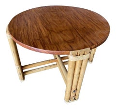 Restored Circular Rattan Side Coffee Table With Koa Wood Top