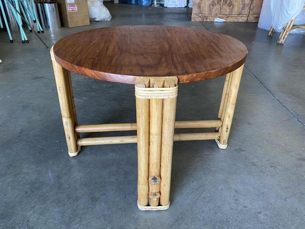 American Restored Circular Rattan Side Coffee Table With Koa Wood Top For Sale