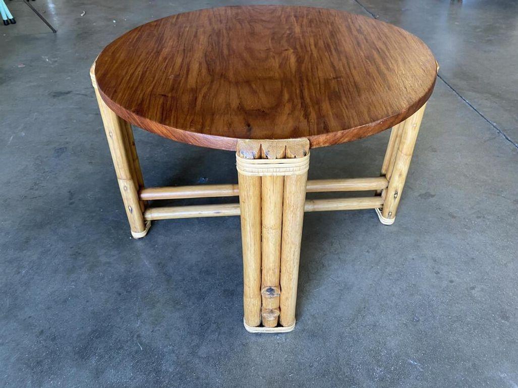 Restored Circular Rattan Side Coffee Table With Koa Wood Top In Excellent Condition For Sale In Van Nuys, CA