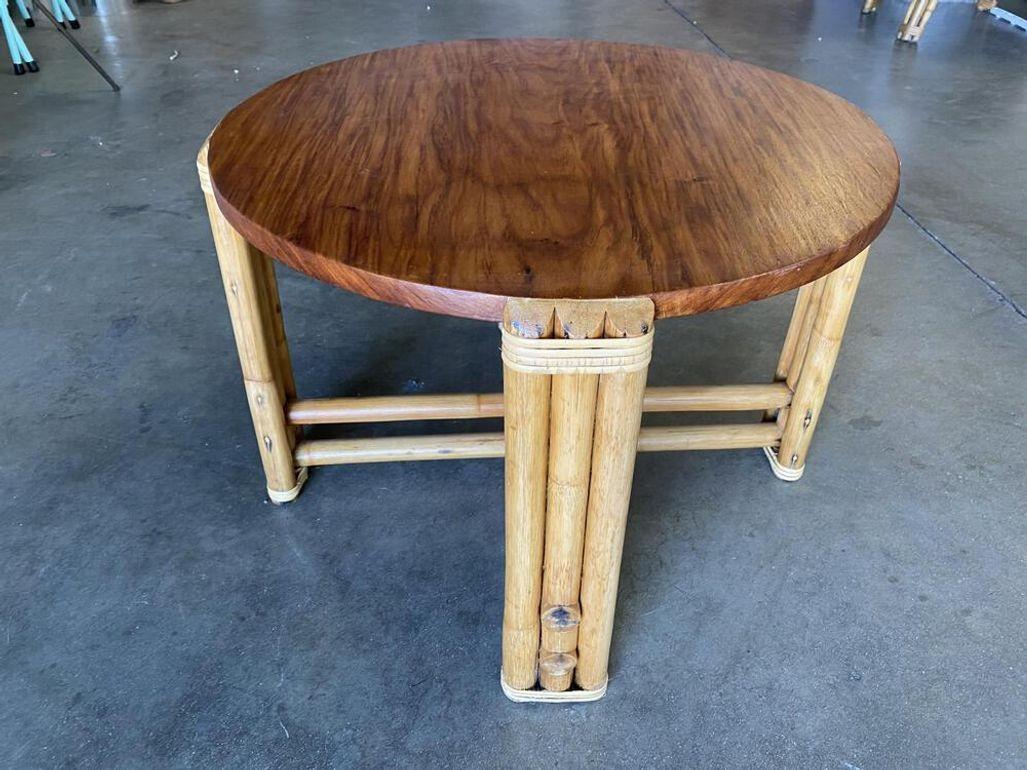 Restored Circular Rattan Side Coffee Table With Koa Wood Top For Sale 1