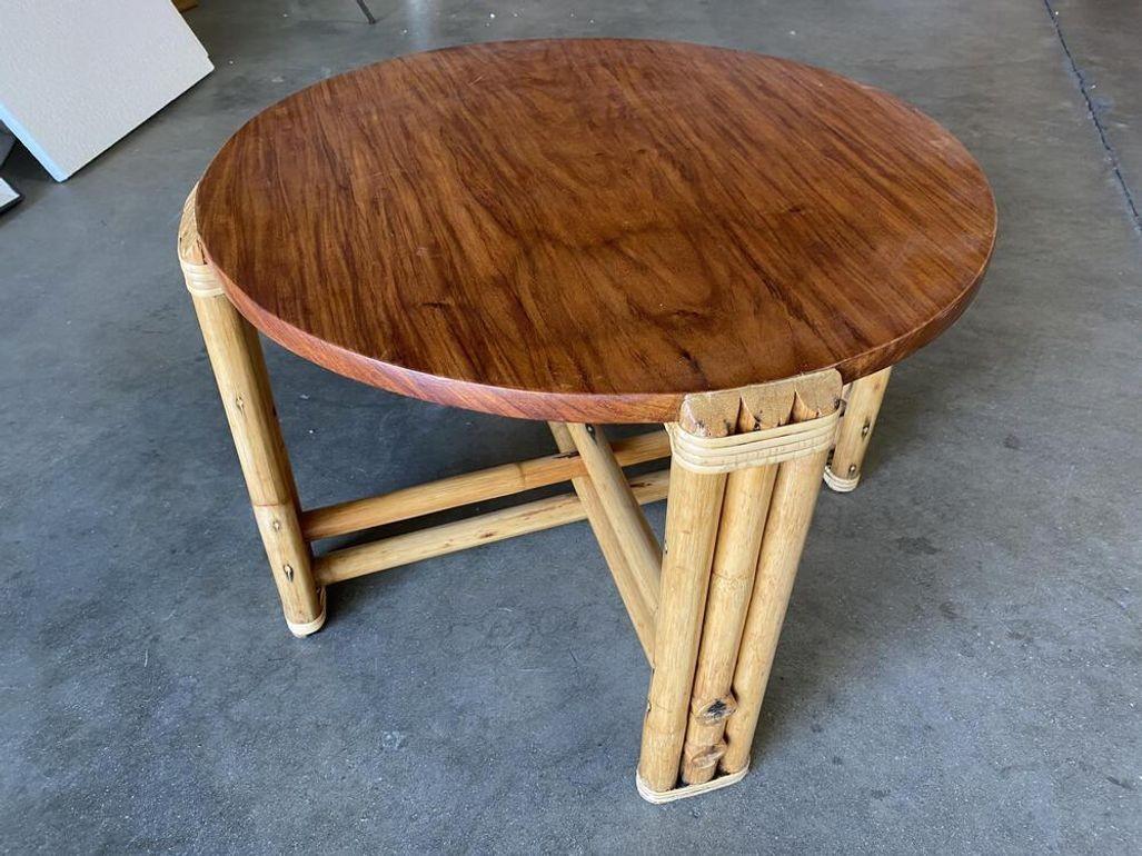 Restored Circular Rattan Side Coffee Table With Koa Wood Top For Sale 3