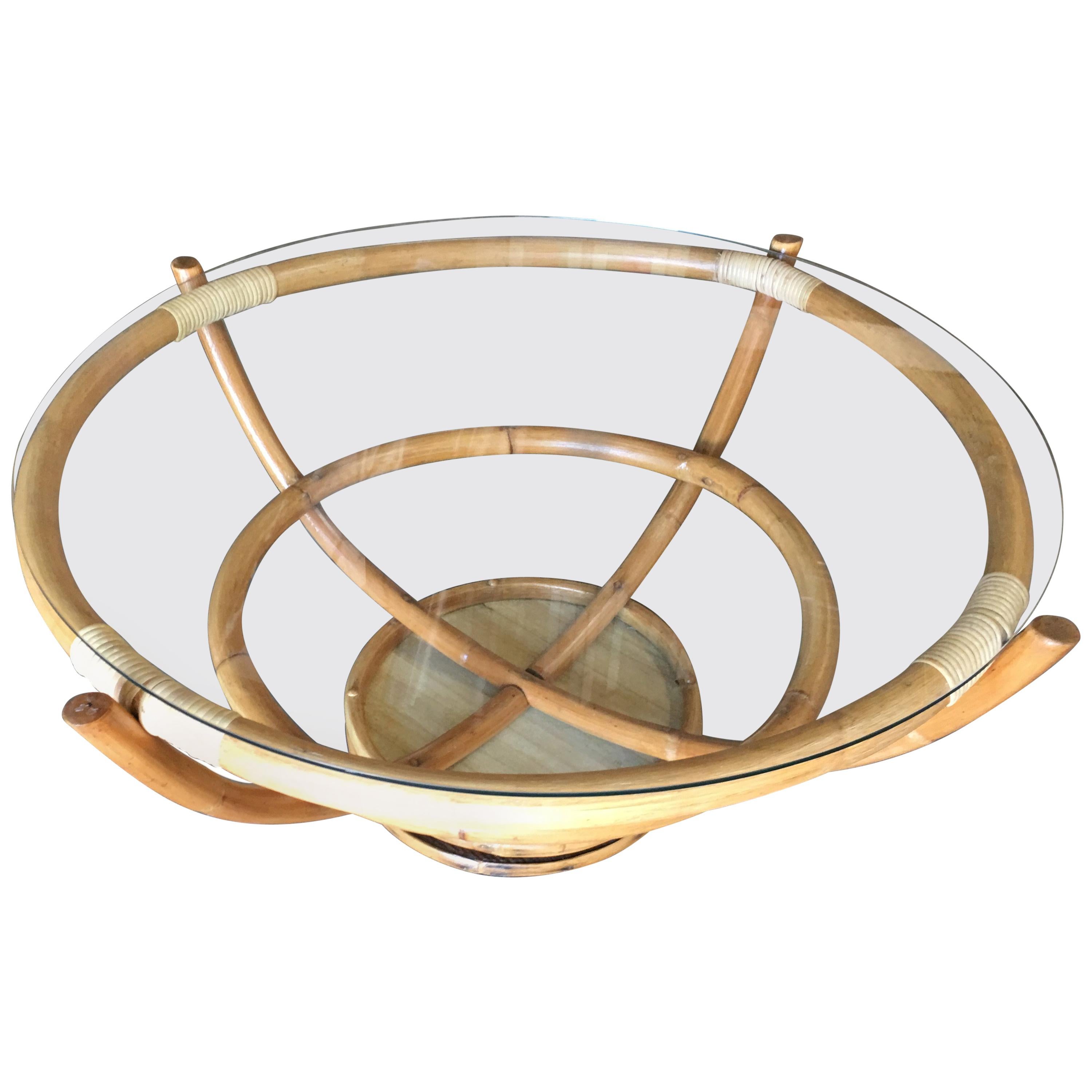 Restored Four Pole Rattan Coffee Table with Floating Glass Top