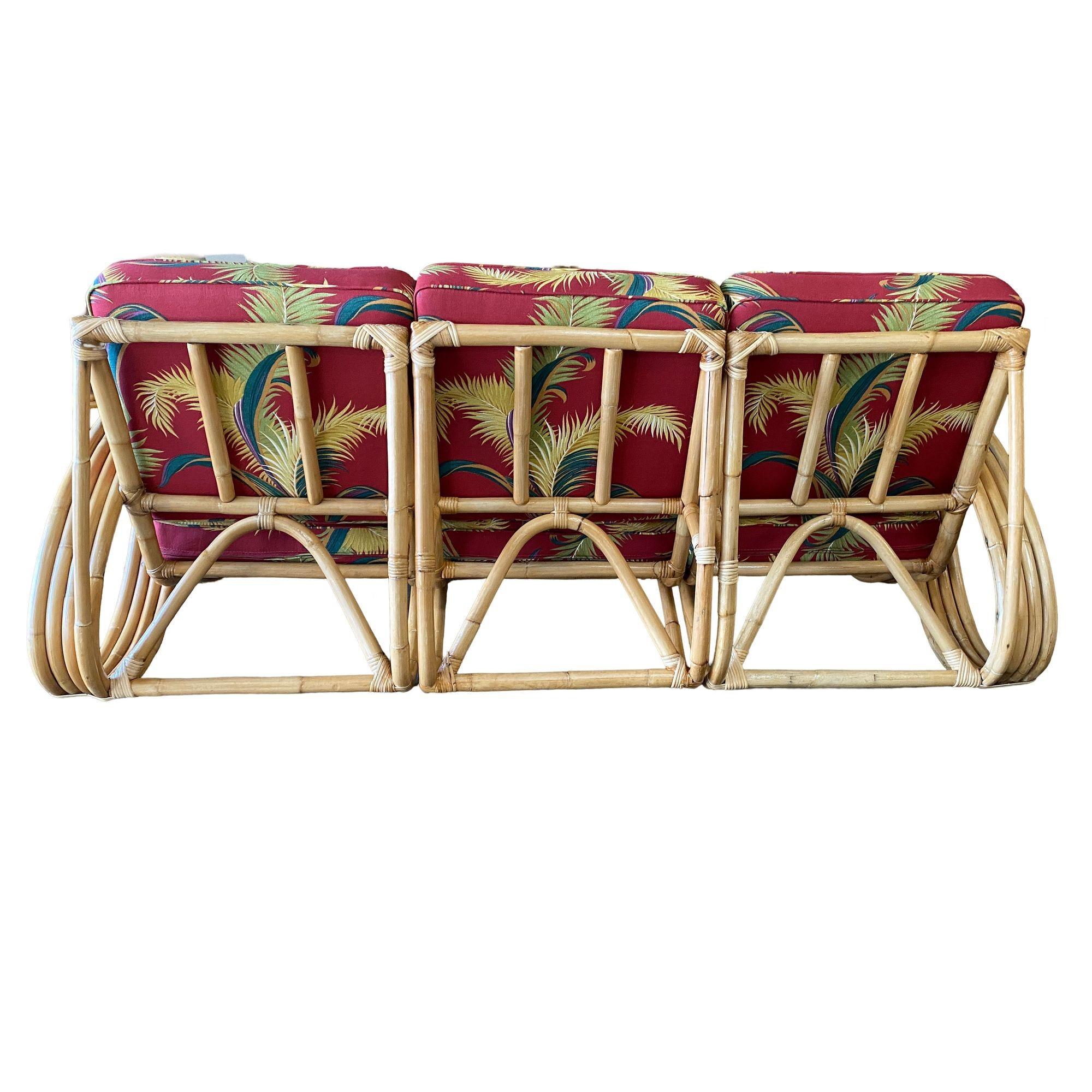 American Restored Four-Strand 3/4 Pretzel Arm Rattan 3-Seater Sectional Sofa