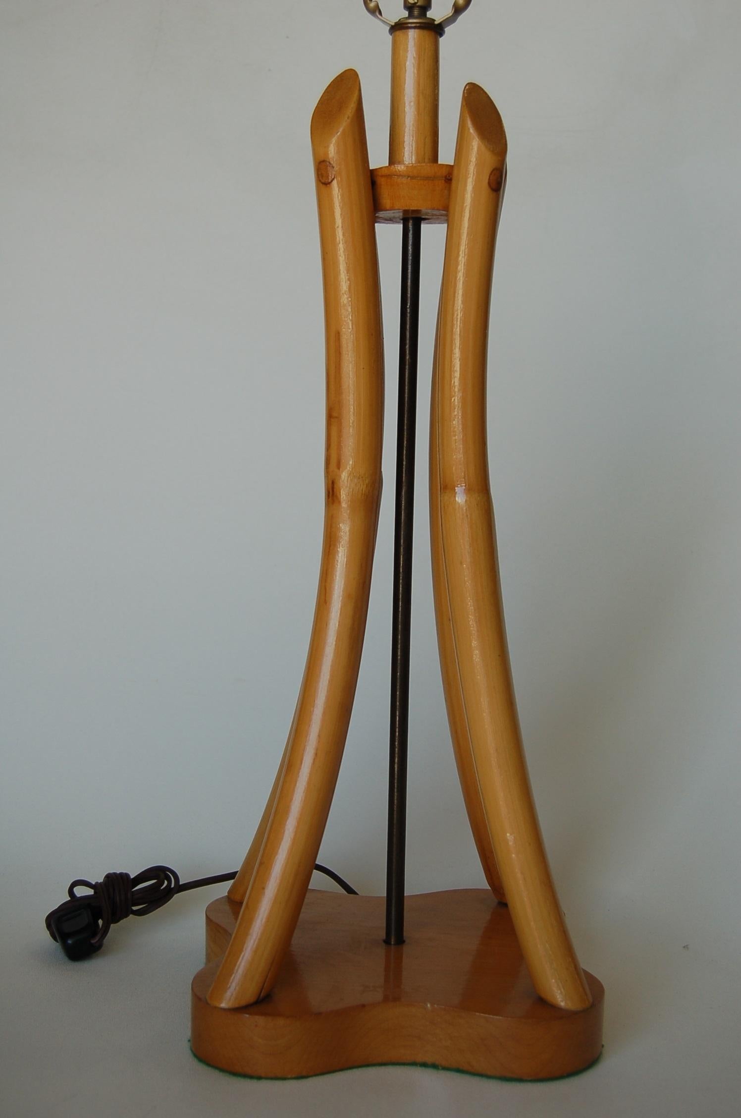 American Restored Four Strand Rattan and Brass Lamp on Mahogany Base, Pair