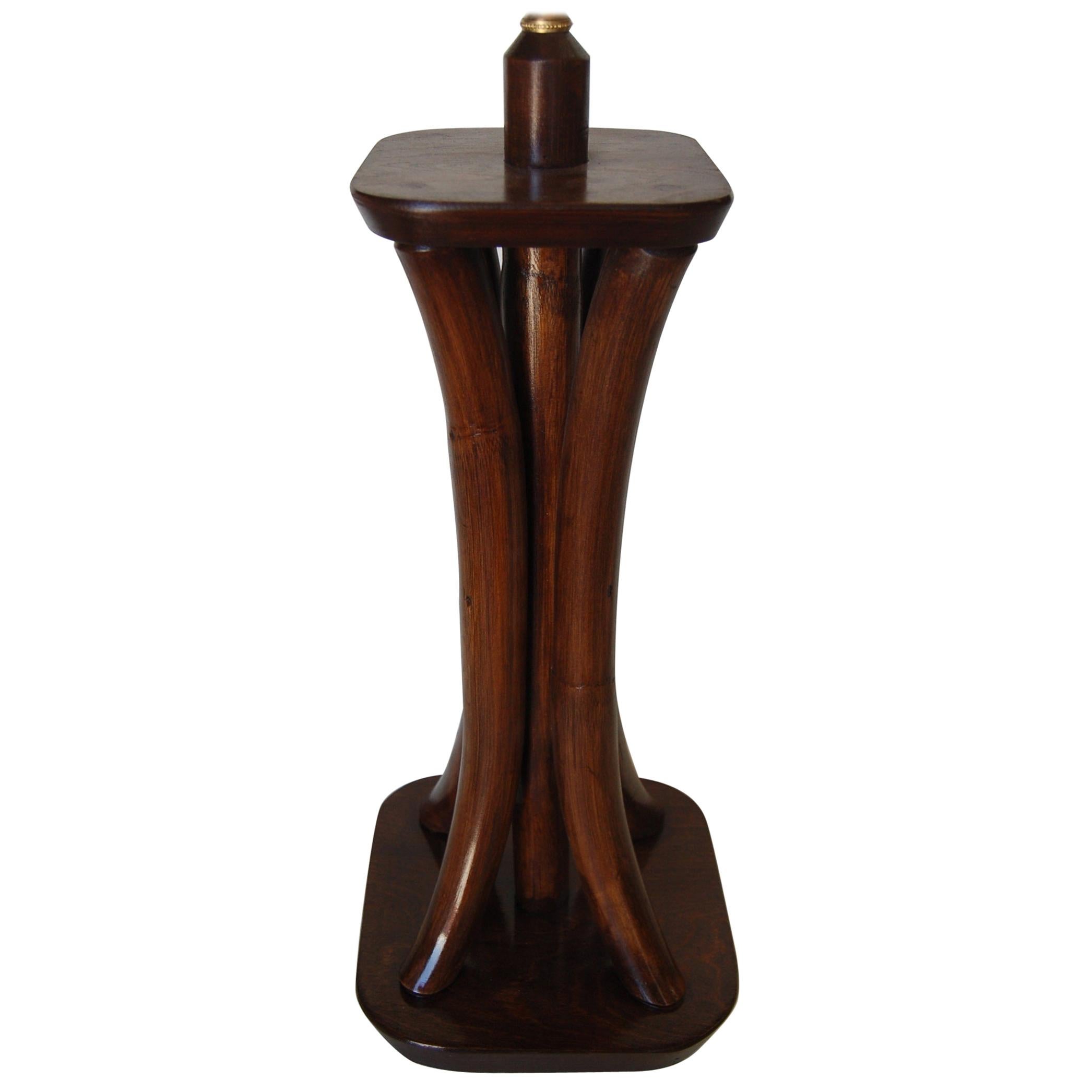 Restored Four Strand Rattan Bent Pole Table Lamp on Mahogany Base, circa 1950