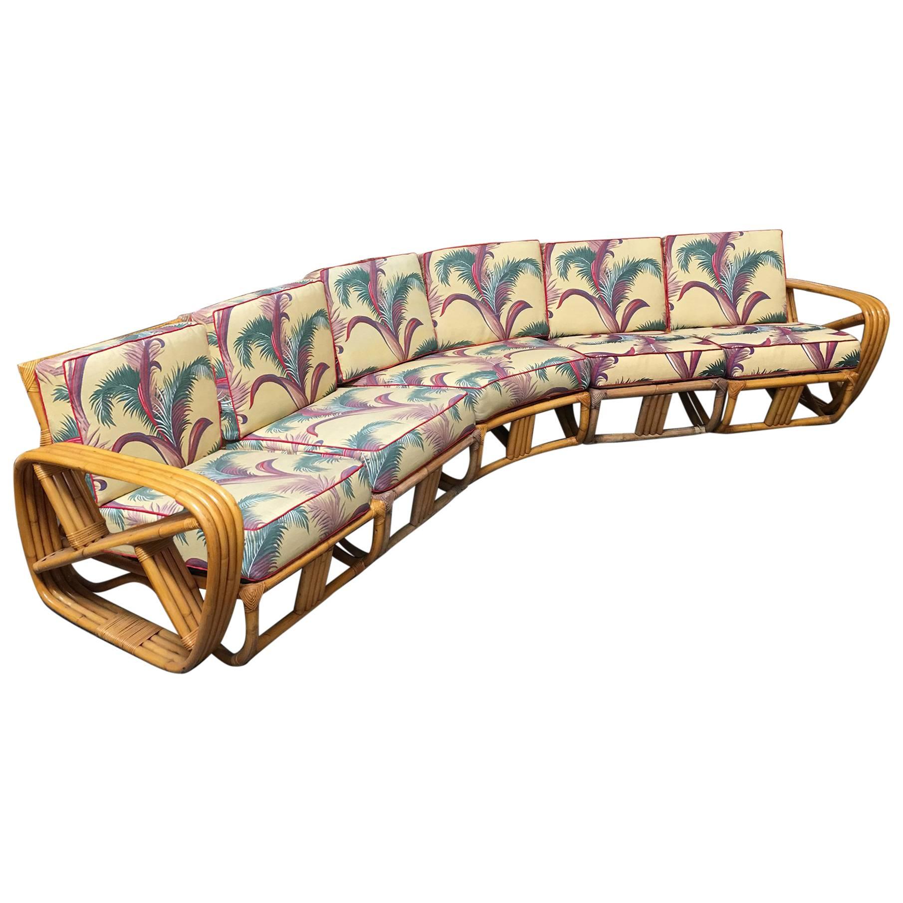 Restored Four-Strand Rattan Six-Seat Corner Sectional Sofa
