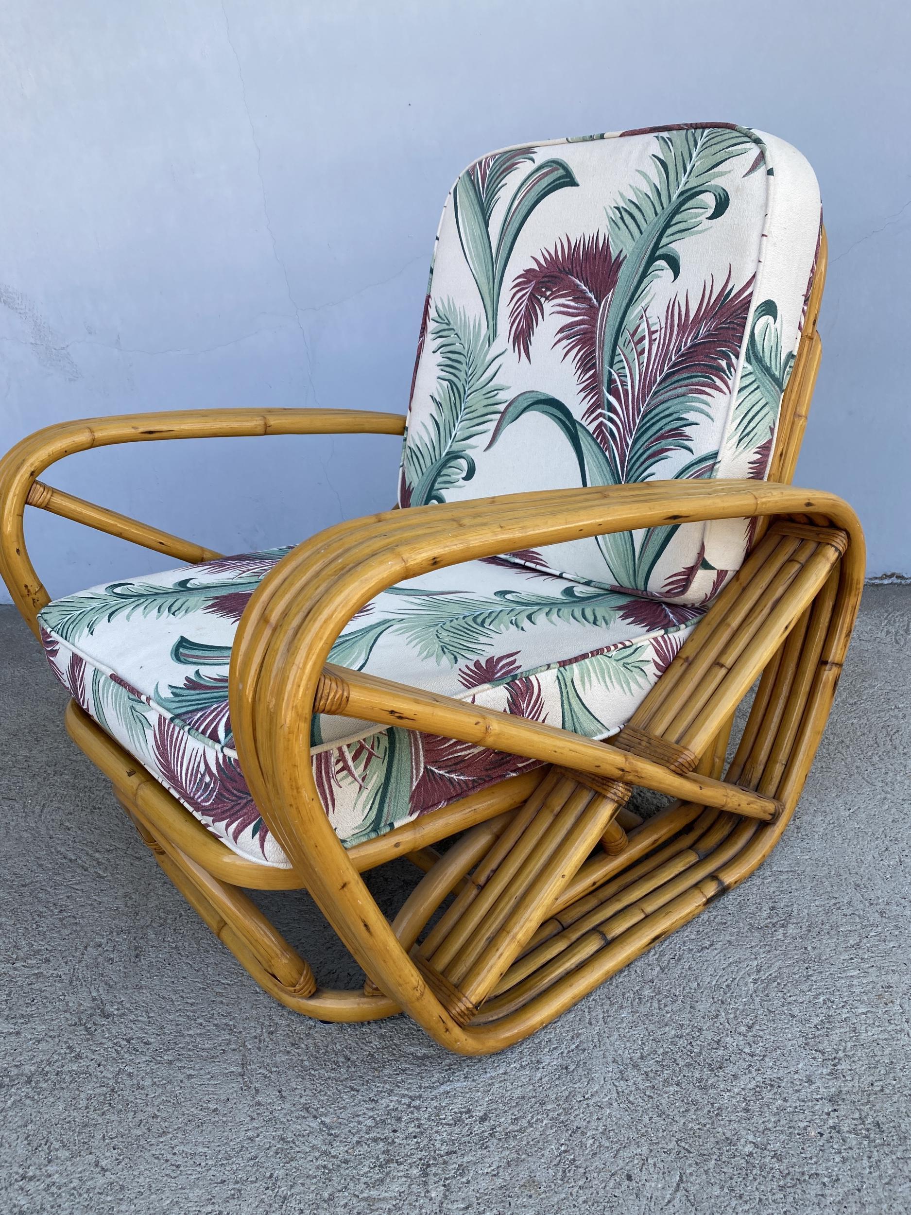 Restored Four-Strand Square Pretzel Rattan Lounge Chair w/ Ottoman In Excellent Condition In Van Nuys, CA
