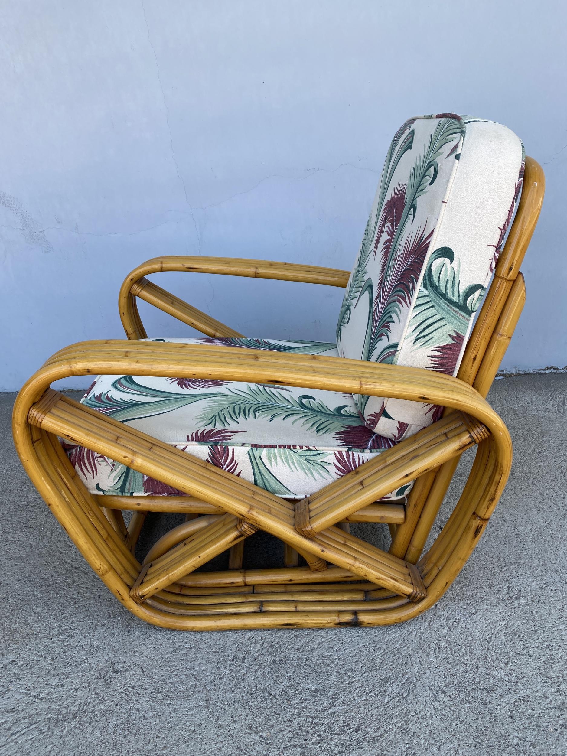 Restored Four-Strand Square Pretzel Rattan Lounge Chair w/ Ottoman 1