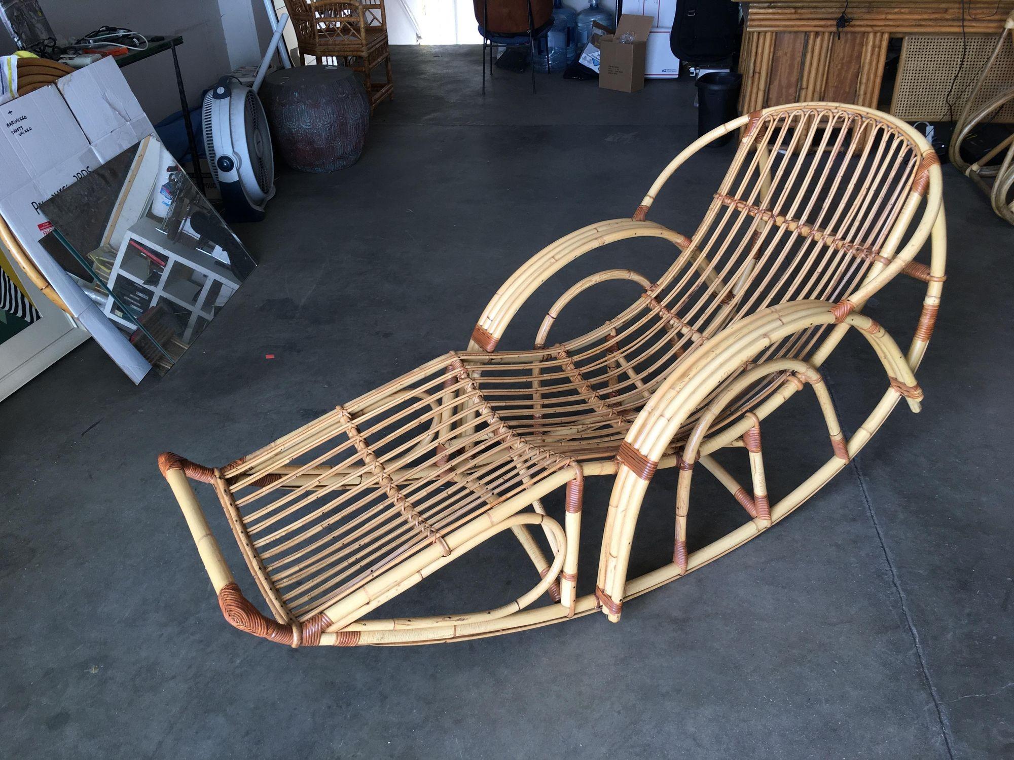 Mid-Century Modern Restored Franco Albini Style Stick Rattan Rocking Lounge Chair For Sale