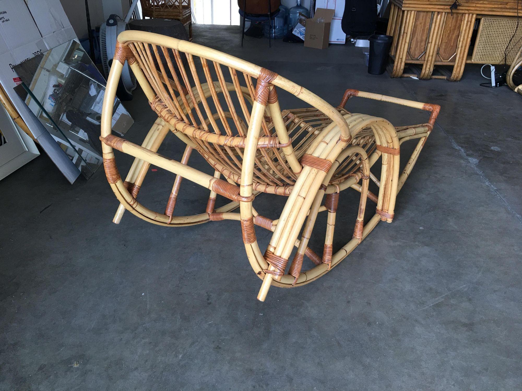 American Restored Franco Albini Style Stick Rattan Rocking Lounge Chair For Sale