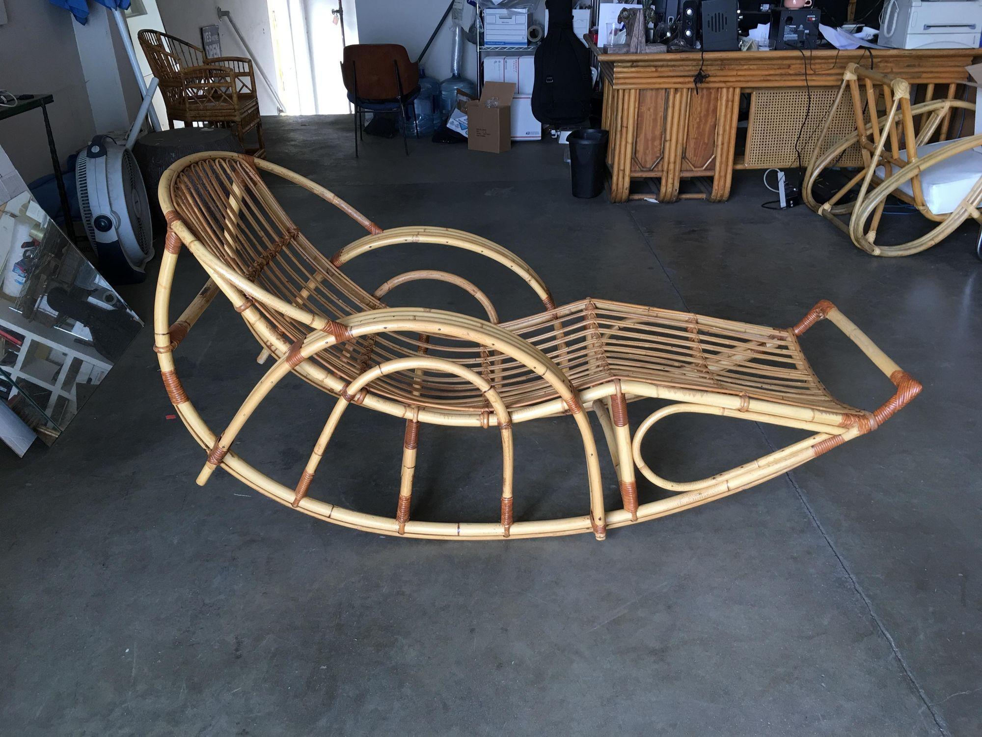 Restored Franco Albini Style Stick Rattan Rocking Lounge Chair For Sale 3