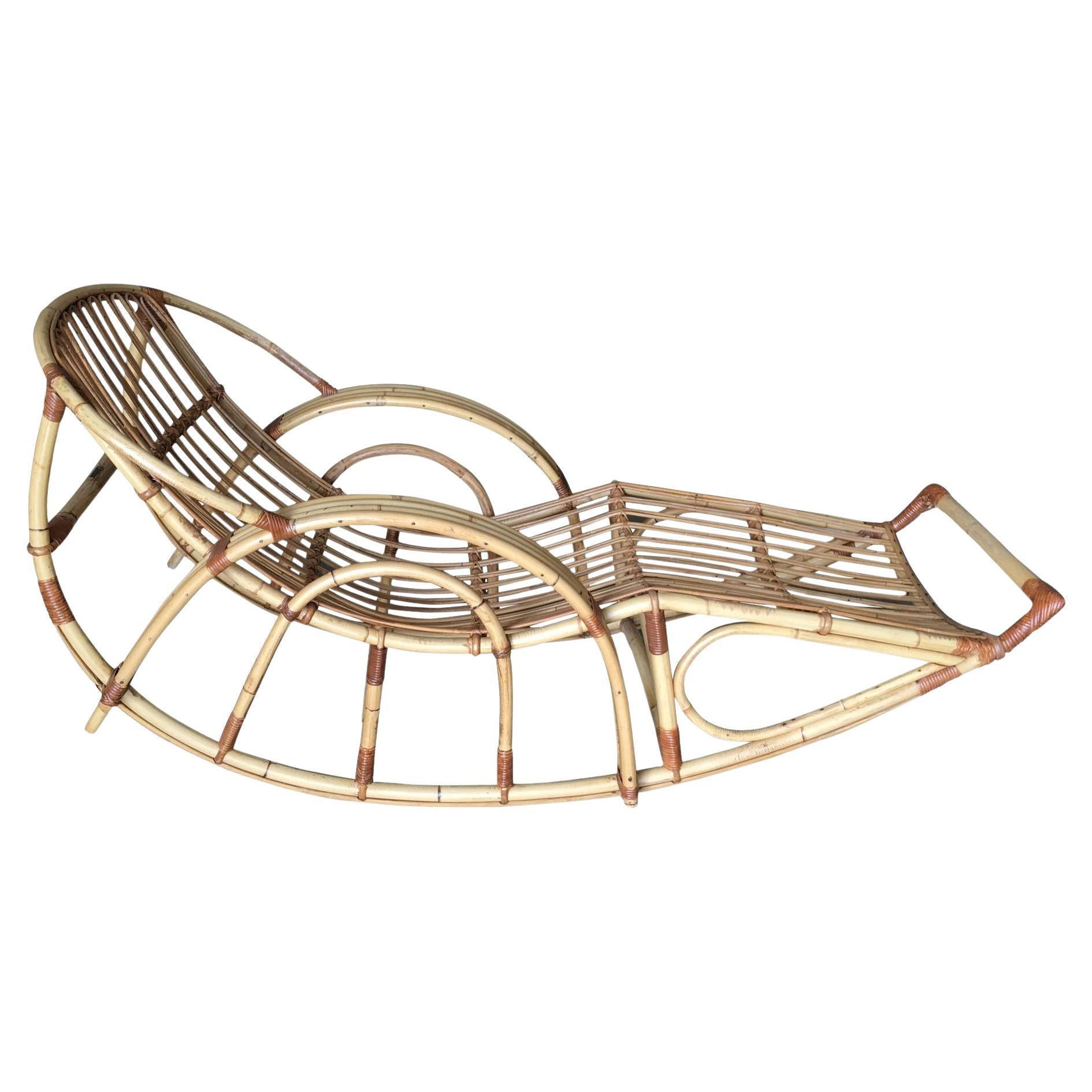 Restored Franco Albini Style Stick Rattan Rocking Lounge Chair For Sale