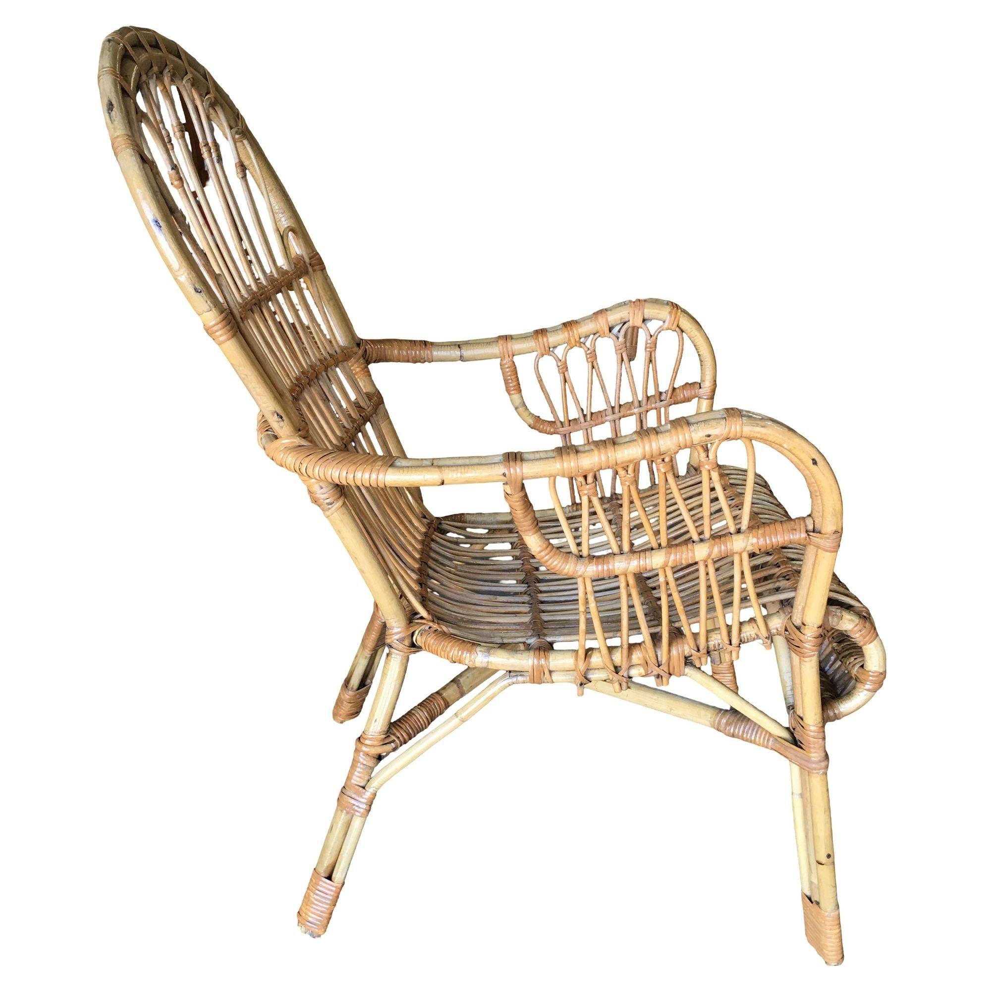 Italian Restored Franco Albini Style Stick Reed Rattan Lounge Chair For Sale