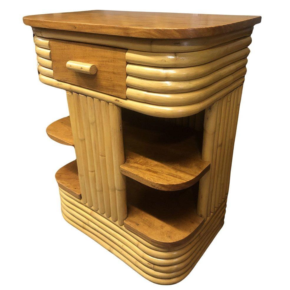 Art Deco Restored Frankl Inspired Stacked Rattan Streamline Side Table w/ Floating Shelf For Sale