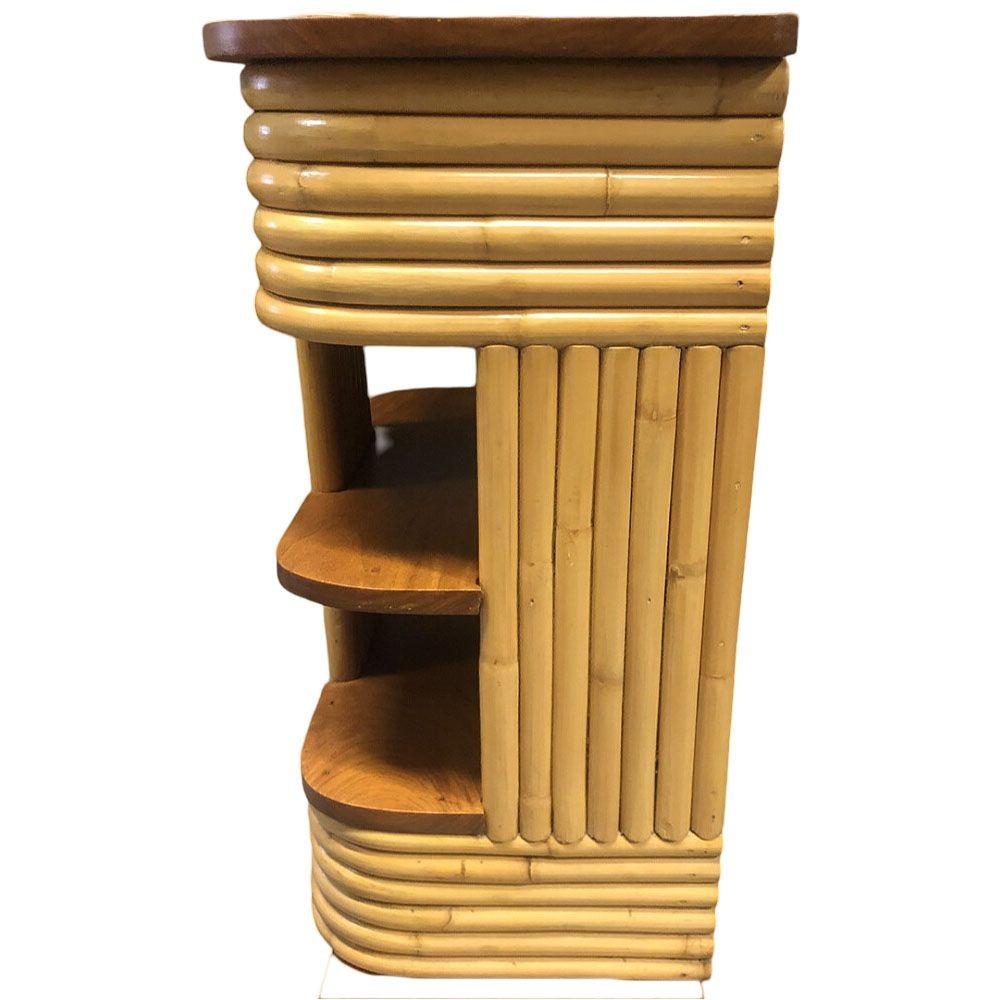 Restored Frankl Inspired Stacked Rattan Streamline Side Table w/ Floating Shelf In Excellent Condition For Sale In Van Nuys, CA