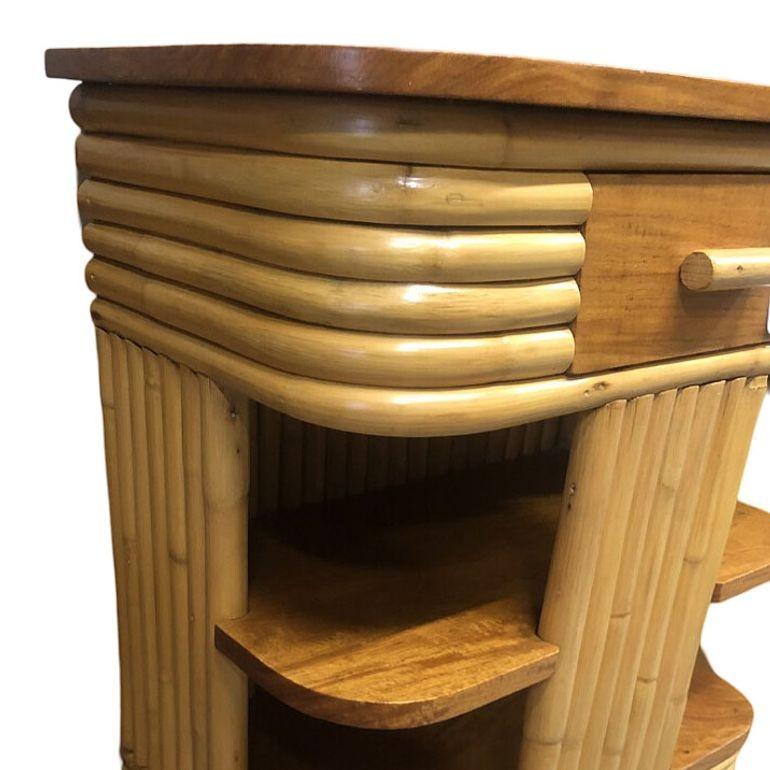Restored Frankl Inspired Stacked Rattan Streamline Side Table w/ Floating Shelf For Sale 1