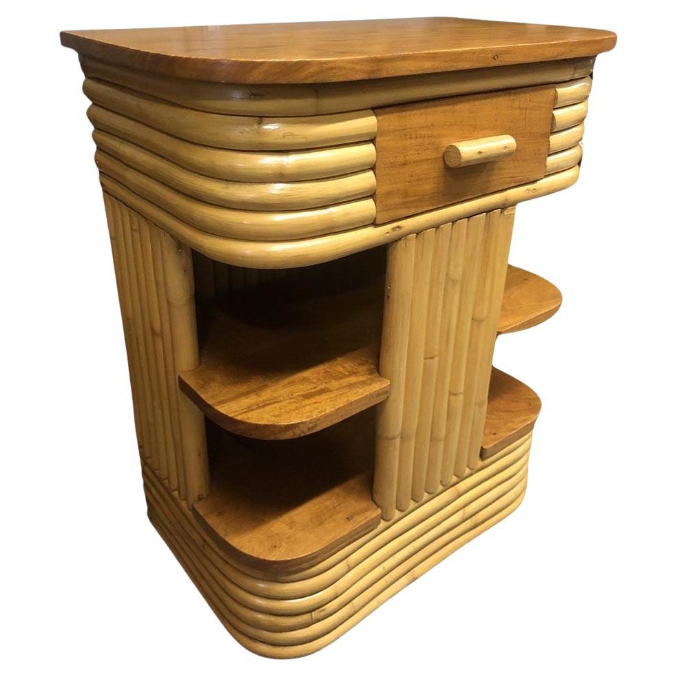 Restored Frankl Inspired Stacked Rattan Streamline Side Table w/ Floating Shelf For Sale
