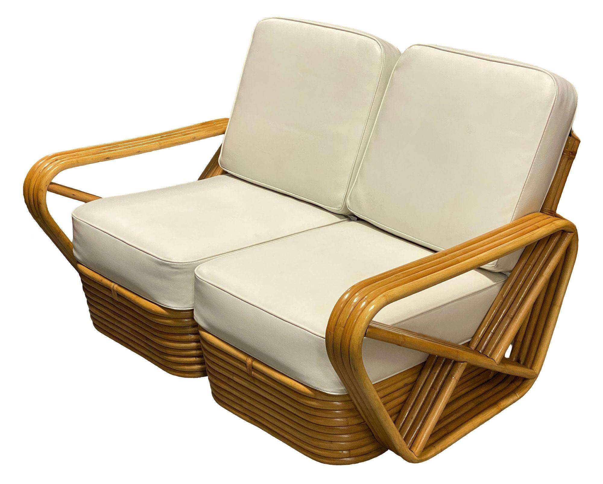 Mid-Century Modern Restored Frankl Style Four-Strand Square Pretzel Rattan Sectional Settee For Sale