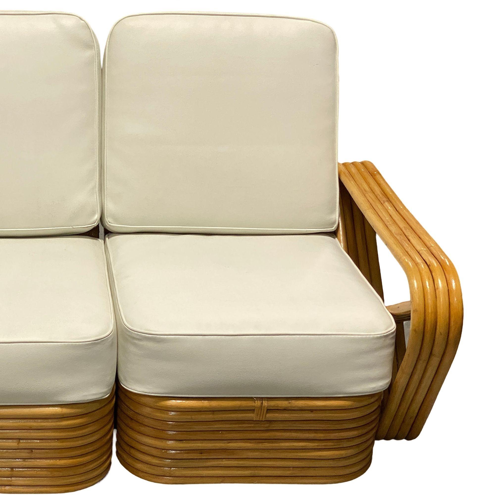 Mid-20th Century Restored Frankl Style Four-Strand Square Pretzel Rattan Sectional Settee For Sale