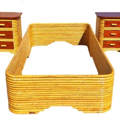Restored Frankl Style Full Stacked Rattan Bed Frame w/ Night Stands Bedroom Set