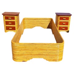 Restored Frankl Style Full Stacked Rattan Bed Frame w/ Night Stands Bedroom Set