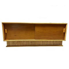 Restored Frankl Style Rattan & Mahogany Credenza TV Stand W/ Stacked Rattan Base