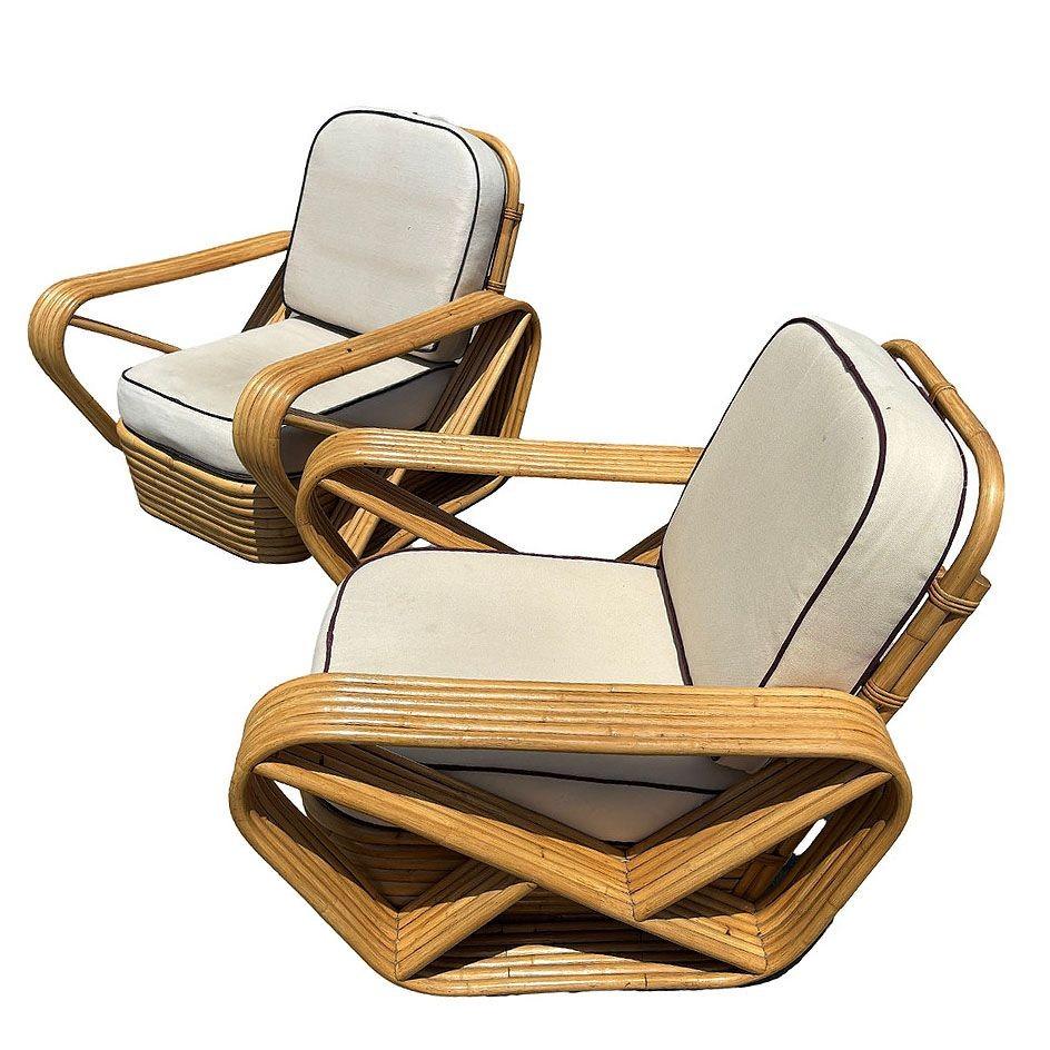 Mid-Century Modern Chaise longue Bretzel carrée à six brins en rotin de style Frankl restaurée, paire en vente