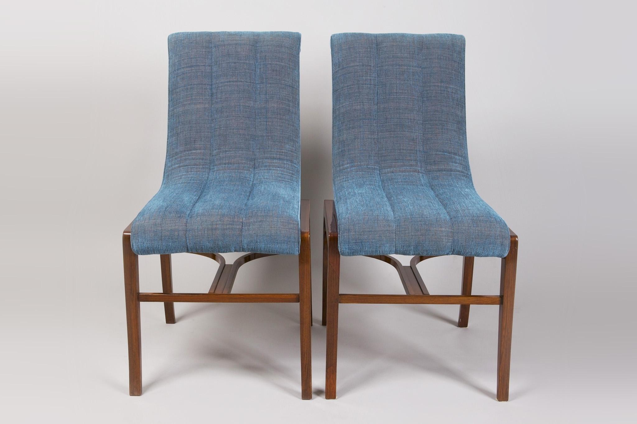 Pair of French Art Deco chairs designed by Jules Leleu.
Material: Rosewood / palisander.
Completely restored, surface made by piano lacquers to the high gloss. New fabric reministencts genius loci of period 1925.

We guarantee safe a the