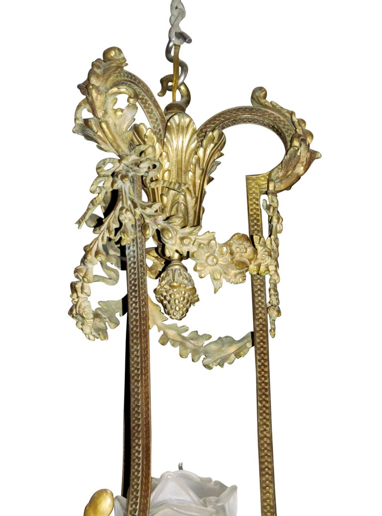Restored French Bronze Art Nouveau Chandelier Etched Glass Shades For