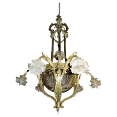 French Bronze Art Nouveau Chandelier Etched Glass Shades