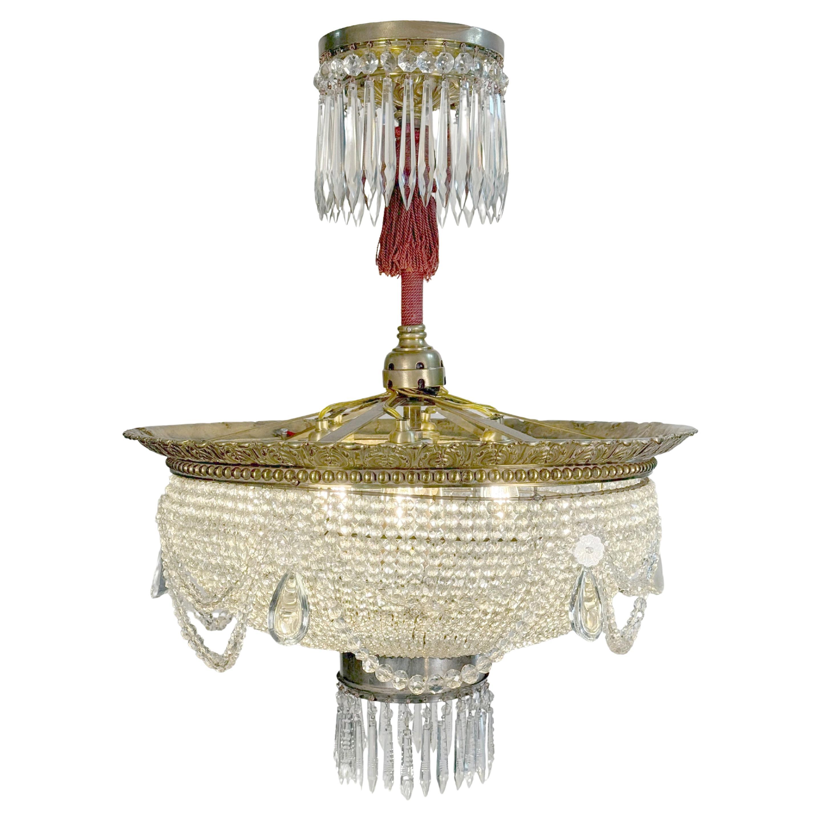 Restored French Crystal 7 Light Basket Chandelier