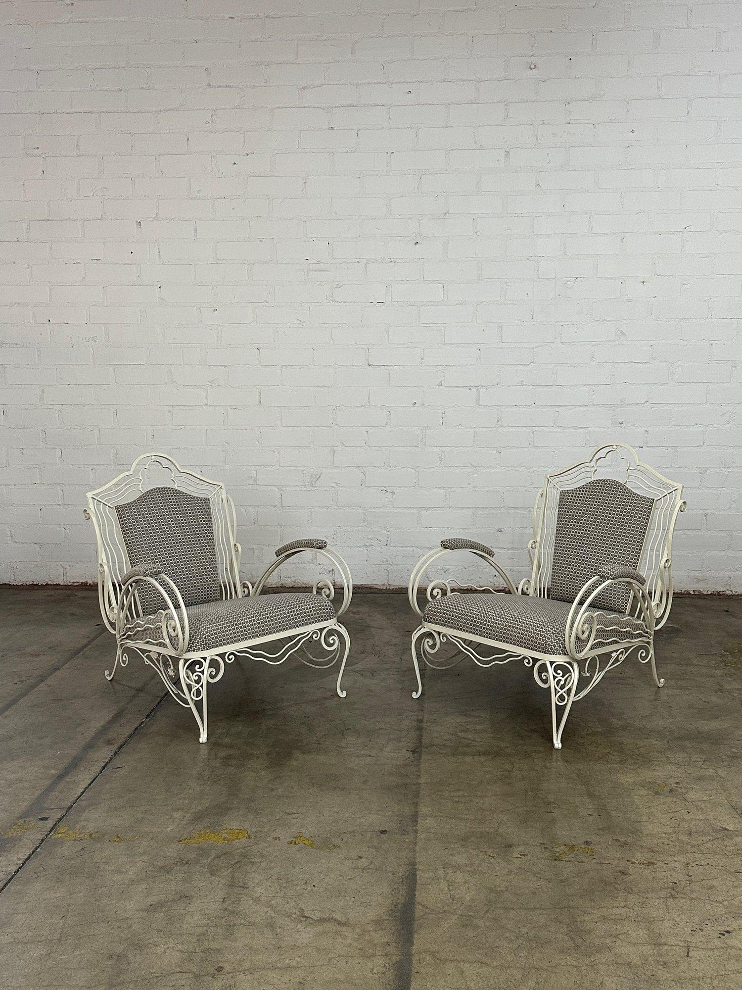 W27.5 D34 H33.5 SW22 SD22 SH14 AH21

Vintage French Iron Chairs fully restored by previous owners. The pair has been powder coated and reupholstered and both show in great condition. Chairs are structurally sound and sturdy. Price is for the pair.