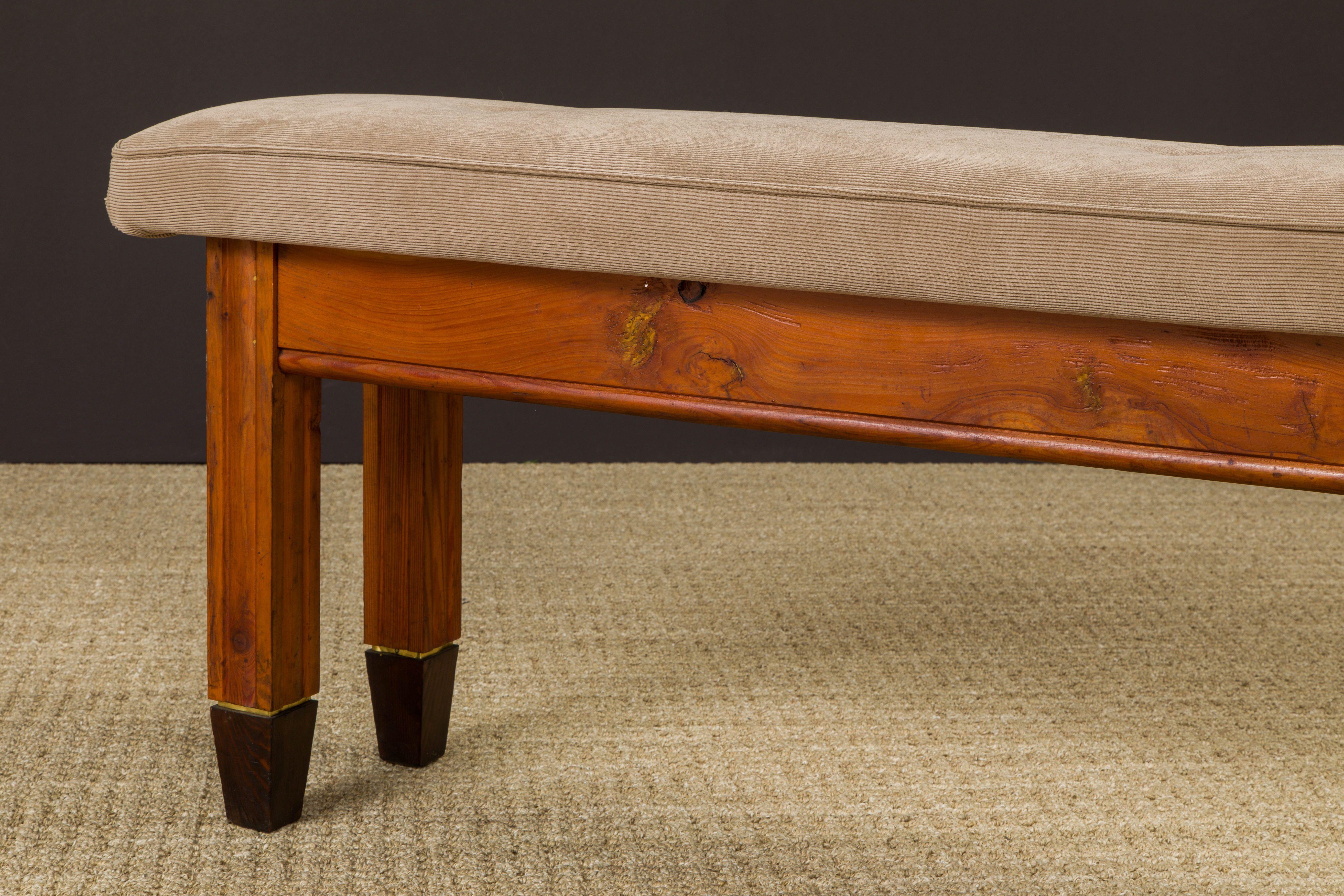 Restored French Mid-Century Stained Pine, Brass & Corduroy Long Bench, 1950s 5