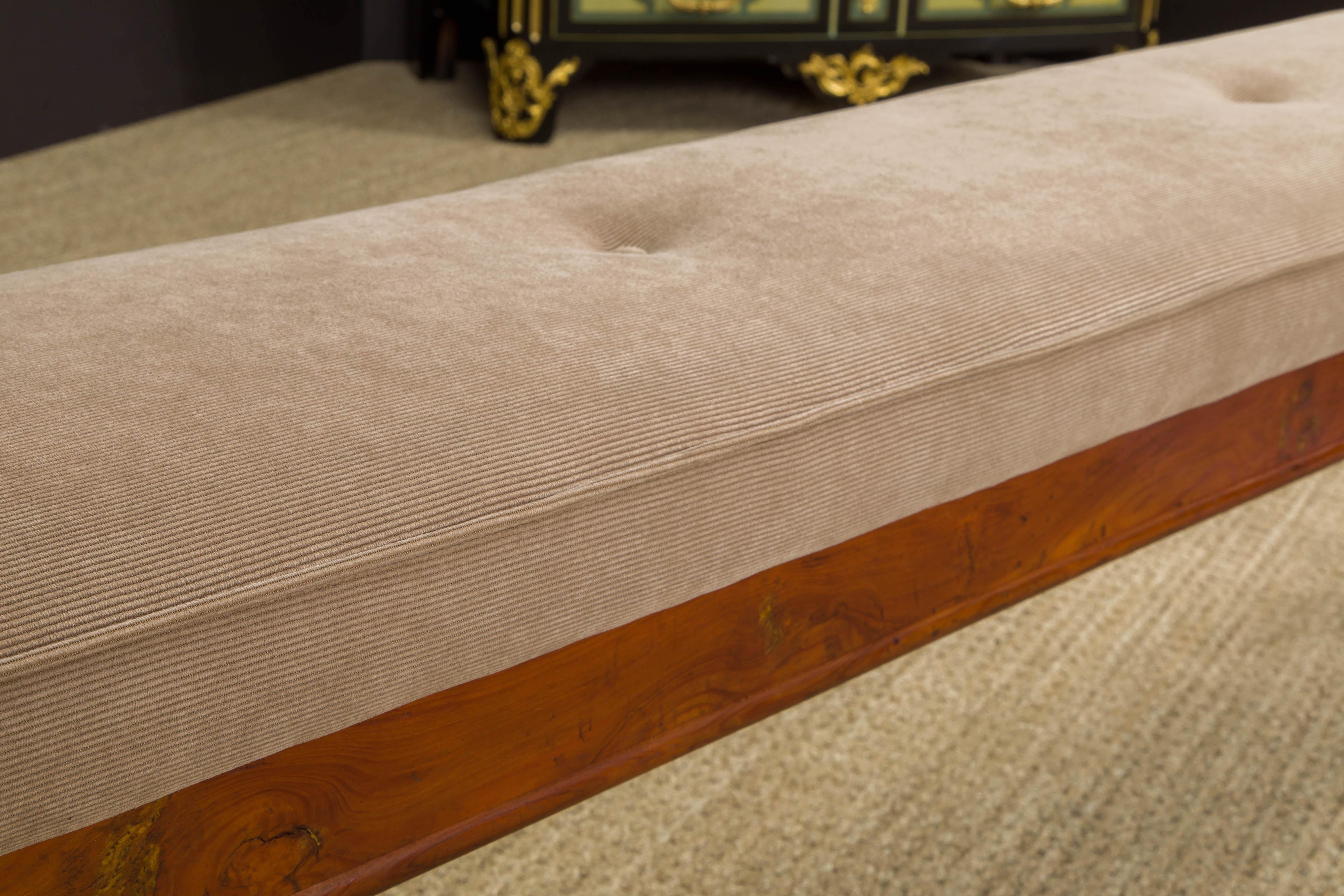 Restored French Mid-Century Stained Pine, Brass & Corduroy Long Bench, 1950s 10