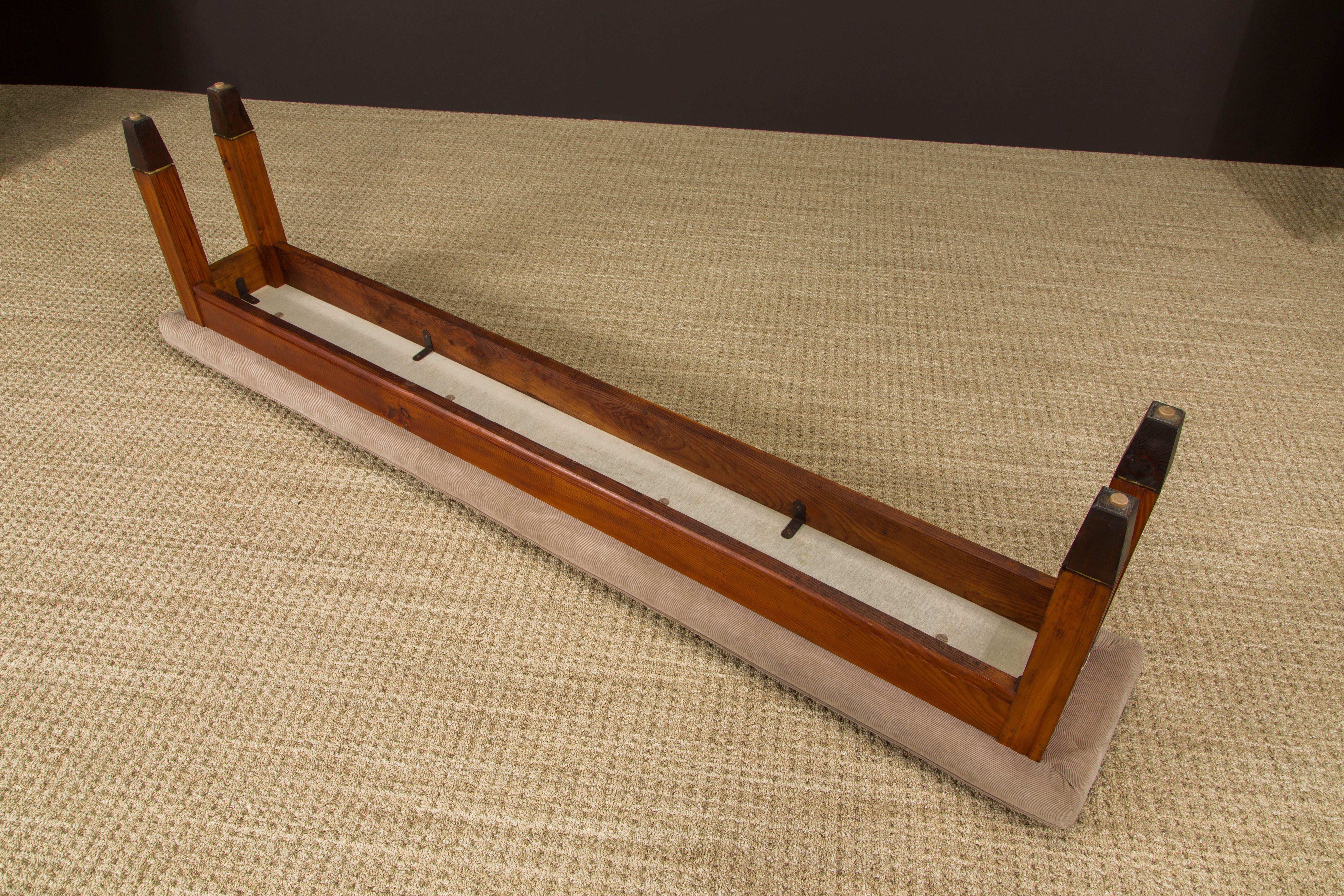 Restored French Mid-Century Stained Pine, Brass & Corduroy Long Bench, 1950s 11