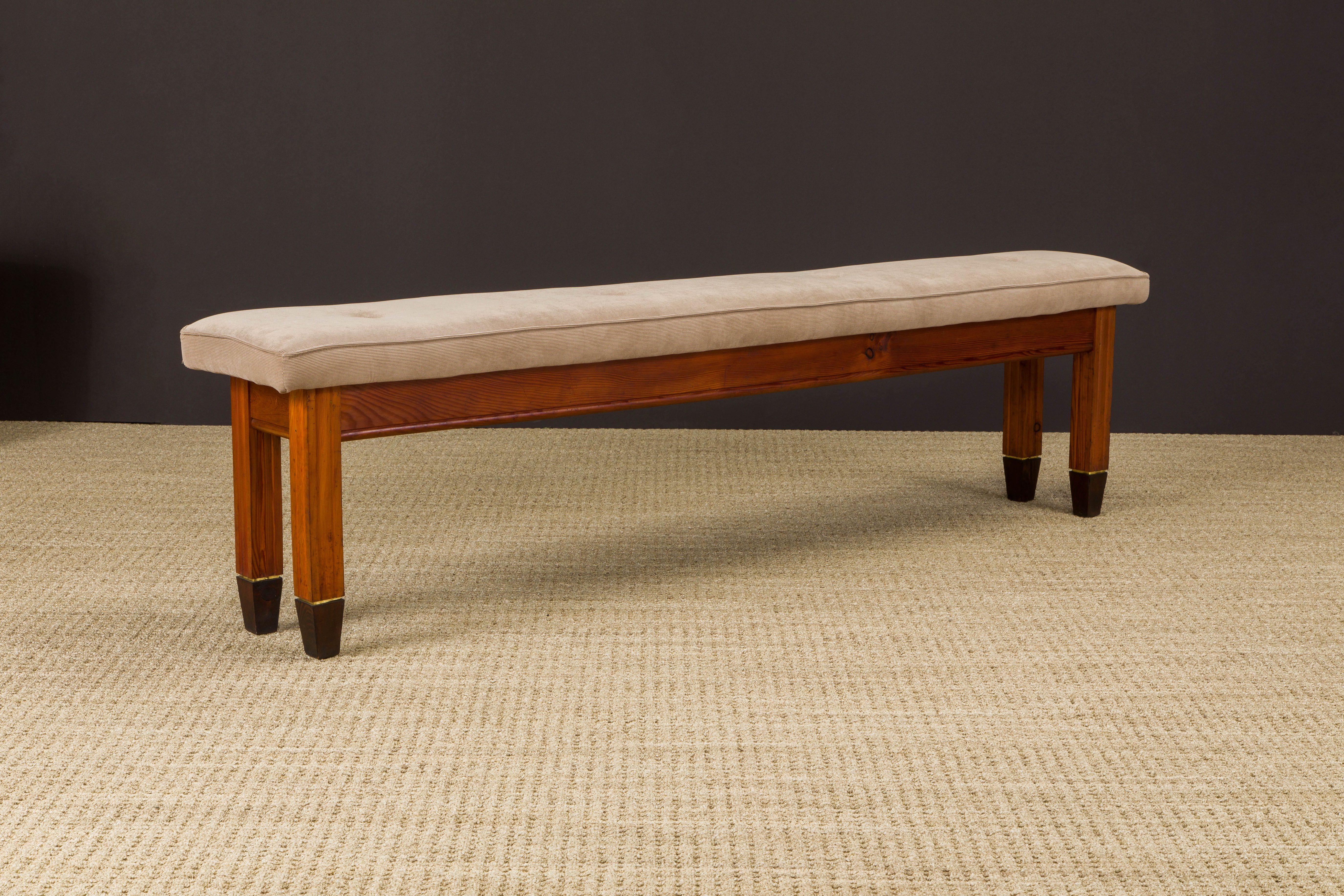 Mid-Century Modern Restored French Mid-Century Stained Pine, Brass & Corduroy Long Bench, 1950s