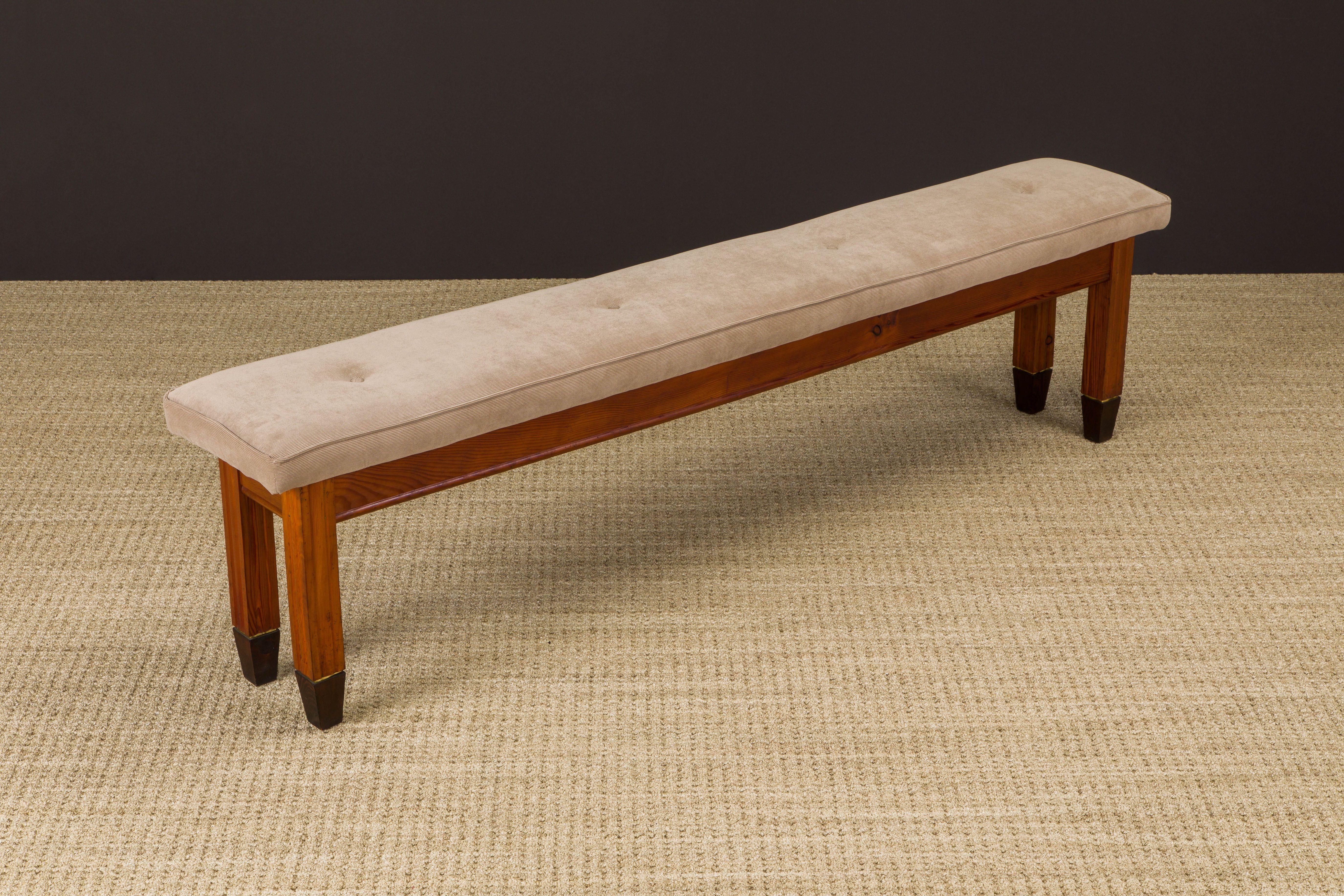 Restored French Mid-Century Stained Pine, Brass & Corduroy Long Bench, 1950s In Excellent Condition In Los Angeles, CA