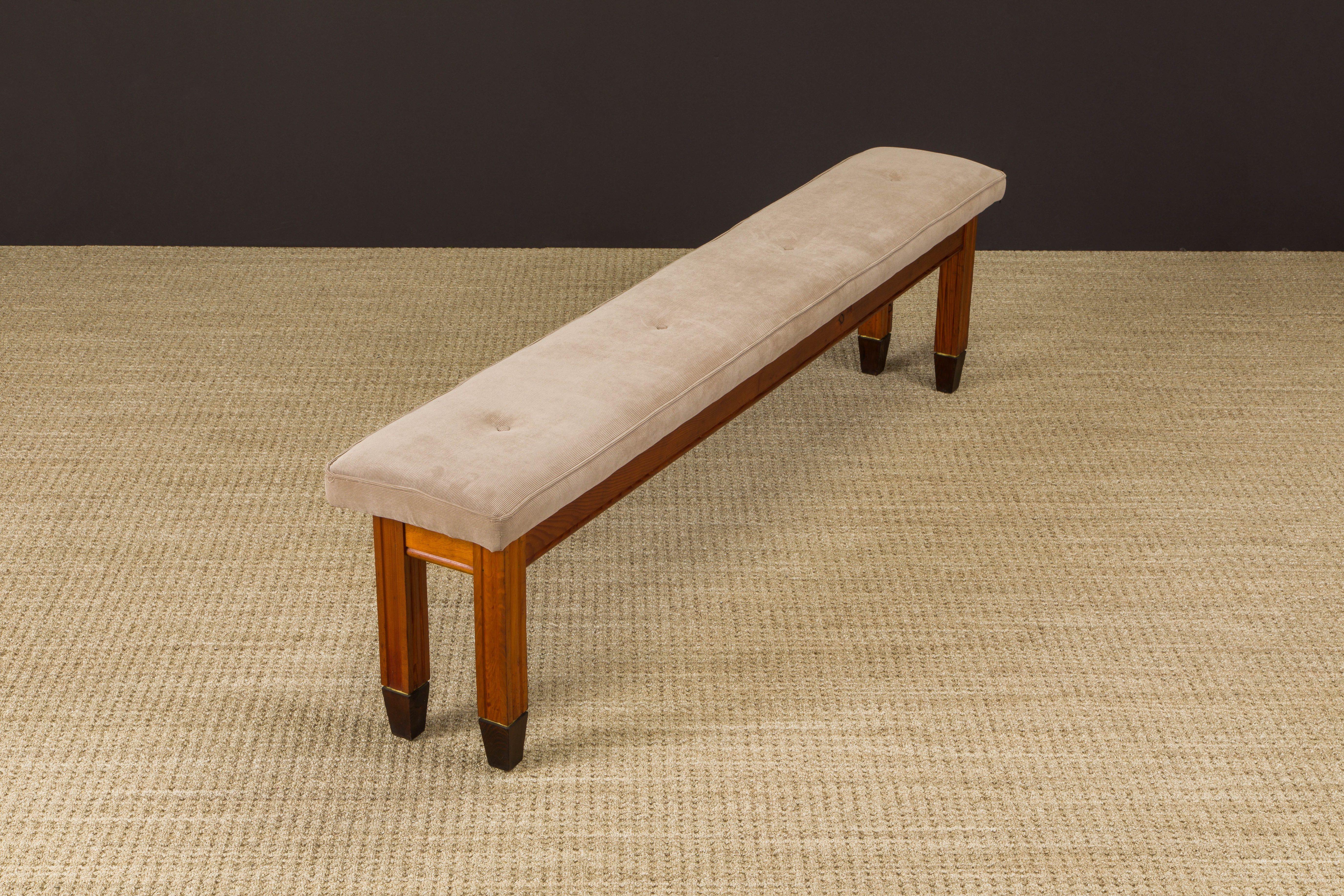 Restored French Mid-Century Stained Pine, Brass & Corduroy Long Bench, 1950s 1