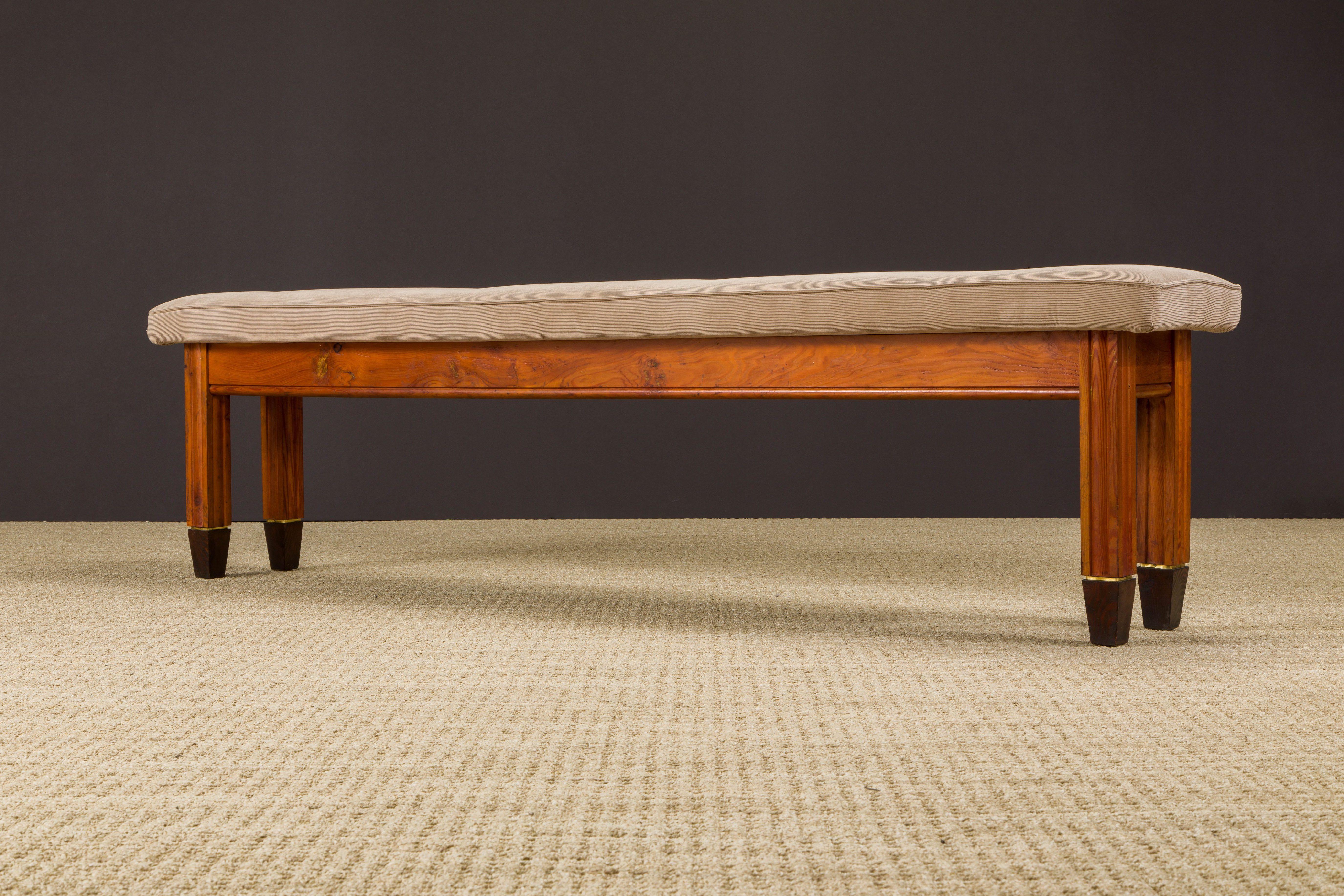 Restored French Mid-Century Stained Pine, Brass & Corduroy Long Bench, 1950s 2