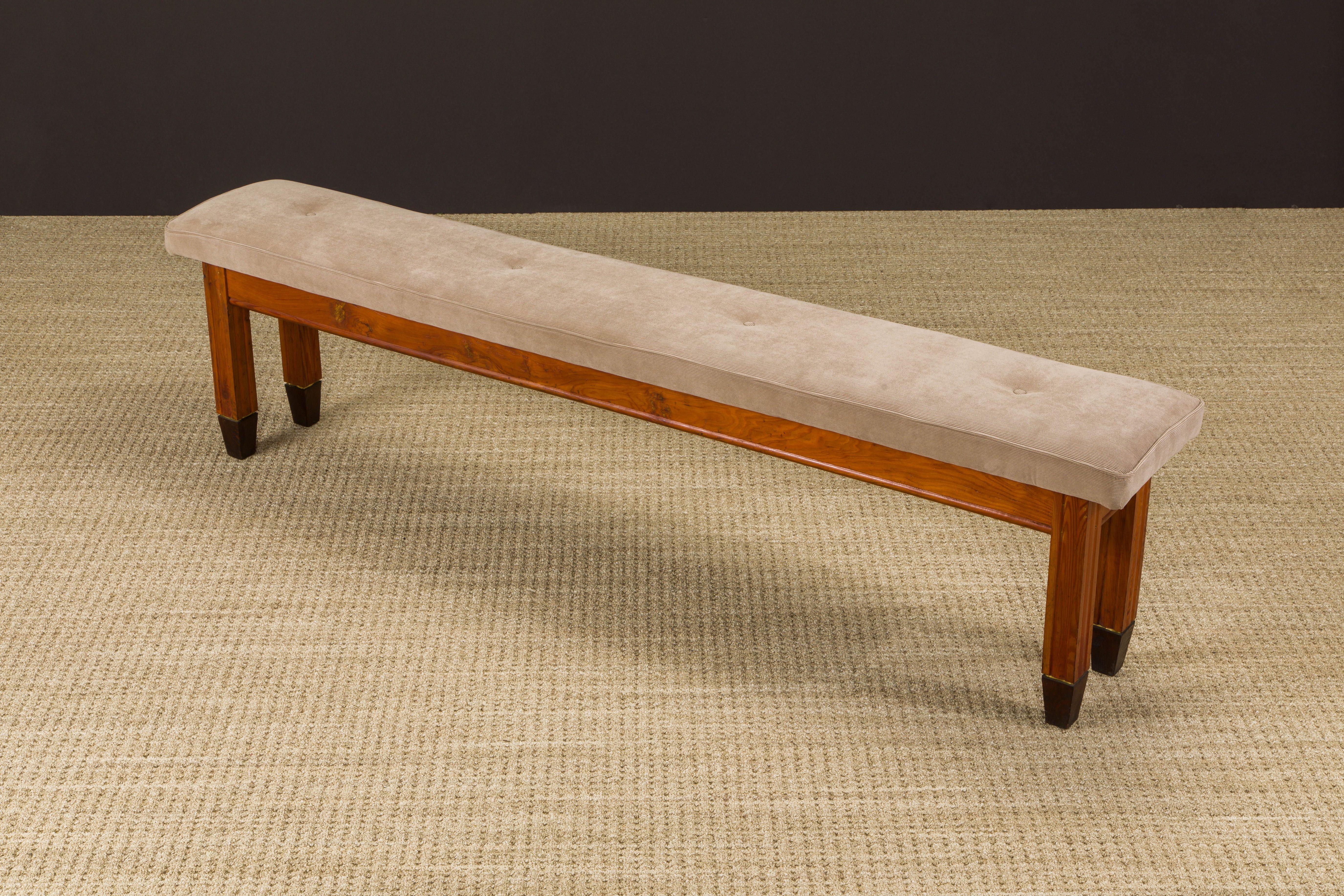 Restored French Mid-Century Stained Pine, Brass & Corduroy Long Bench, 1950s 3