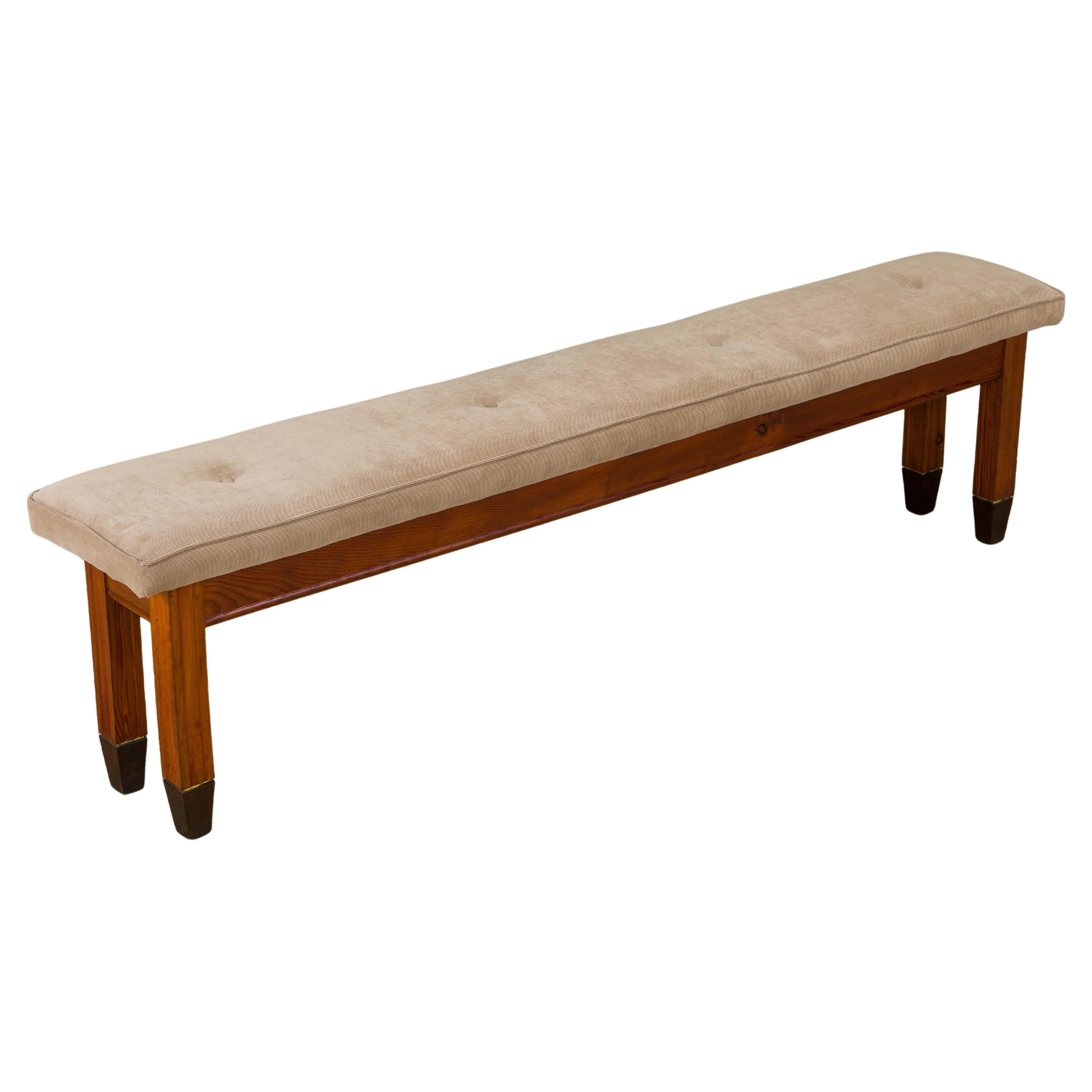 Restored French Mid-Century Stained Pine, Brass & Corduroy Long Bench, 1950s