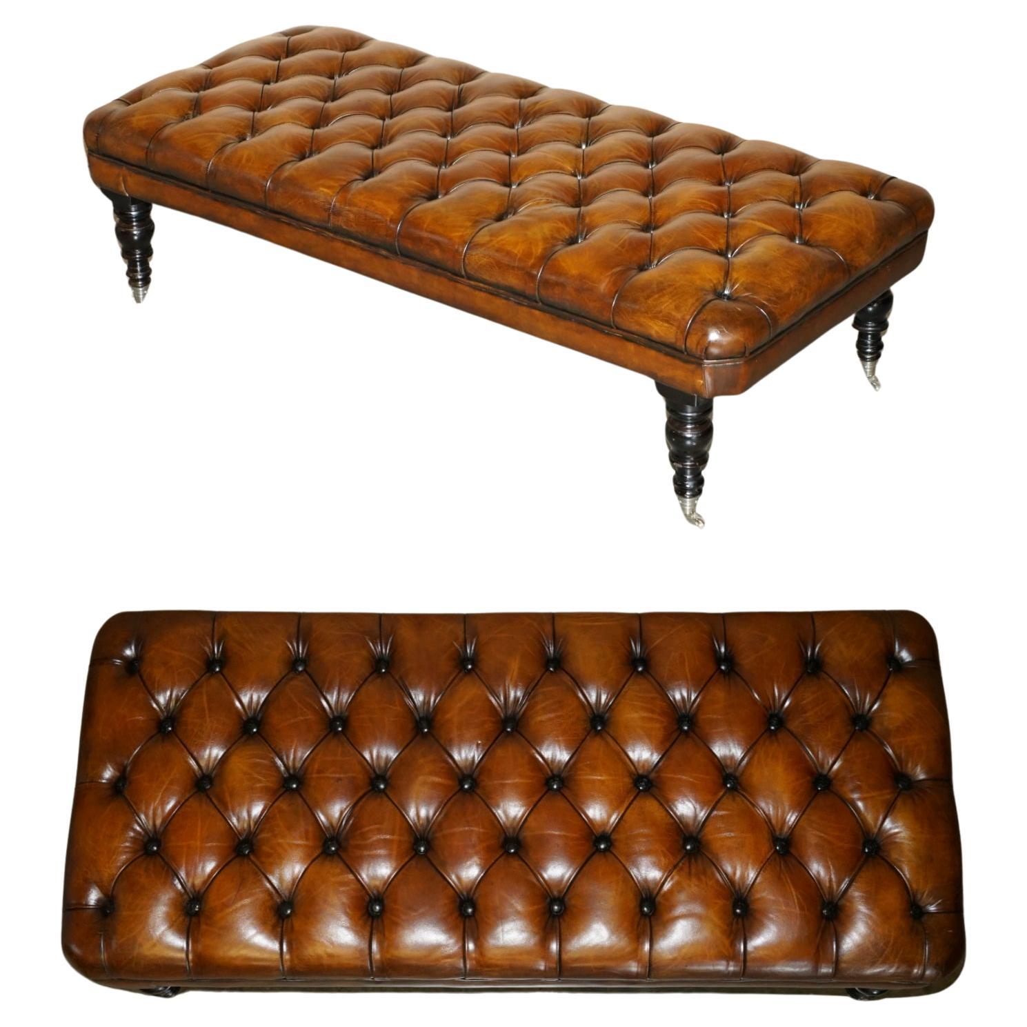 RESTORED GEORGE SMITH EXTRA LARGE CHESTERFiELD BROWN LEATHER TUFTED FOOTSTOOL