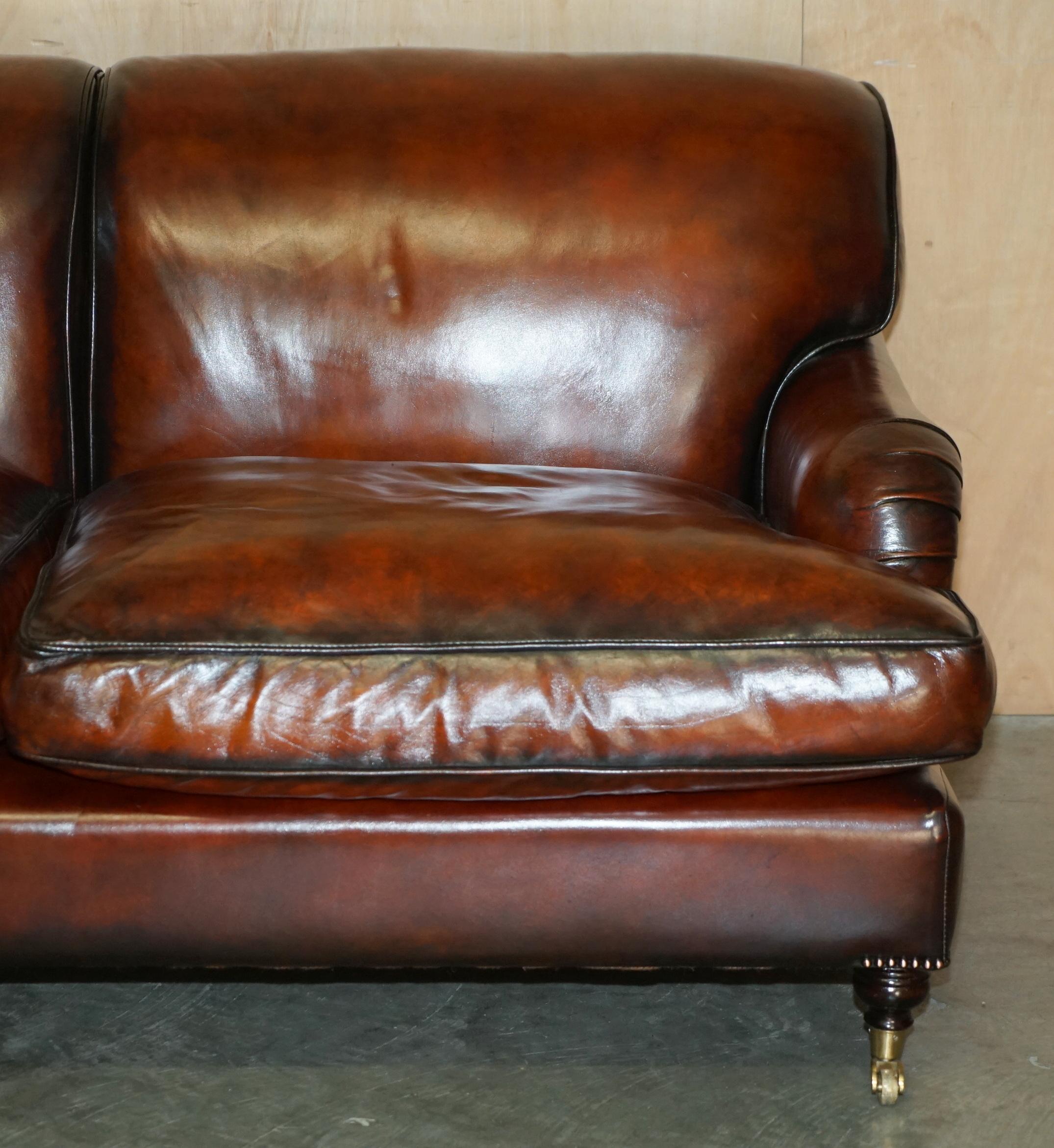 RESTORED GEORGE SMITH HOWARD & SON'S STYLE BROWN LEATHER SiGNATURE SCROLL SOFA 2