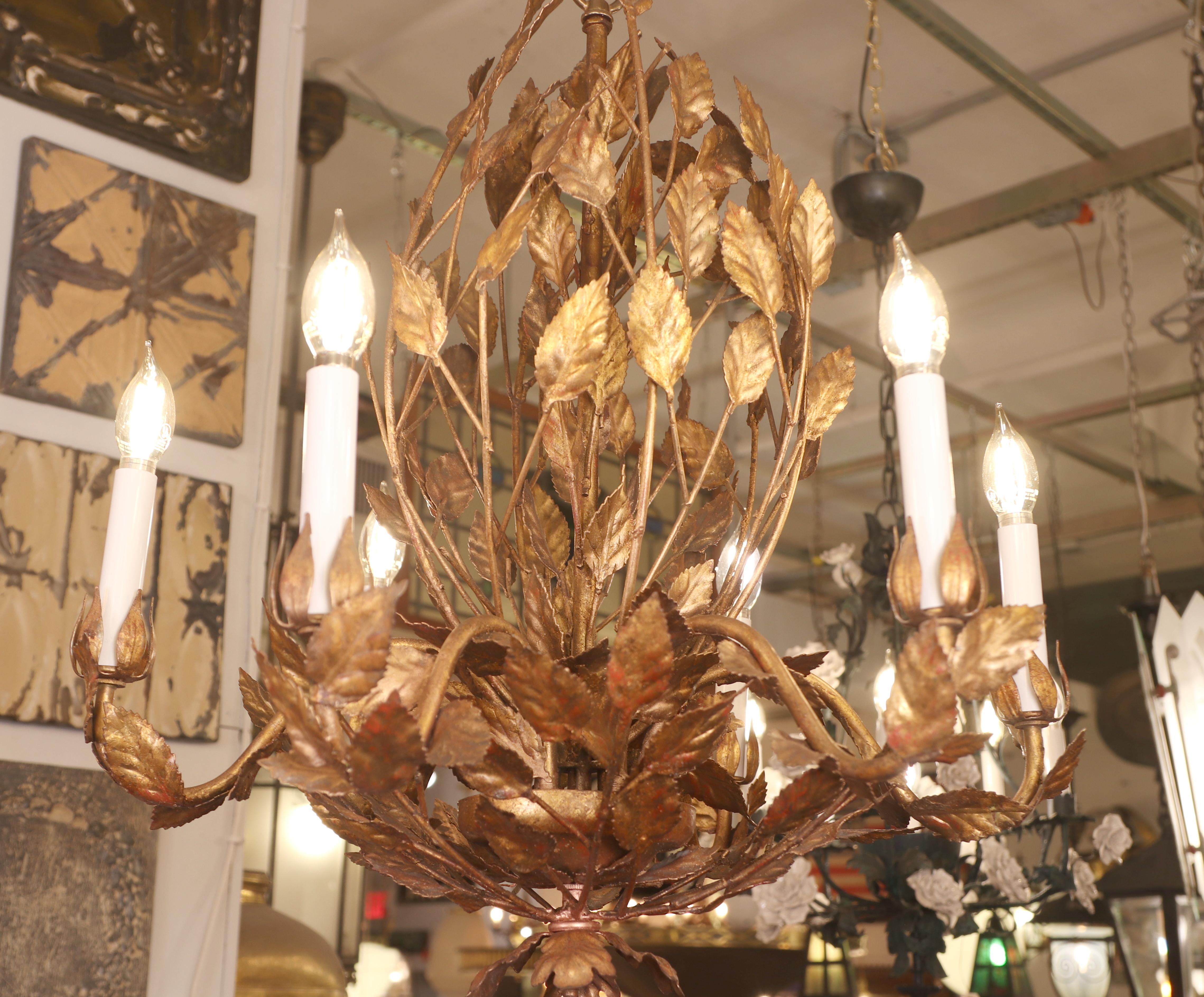 Gilt Restored Gilded Leaves 6 Light Chandelier Done in a Tole Style For Sale