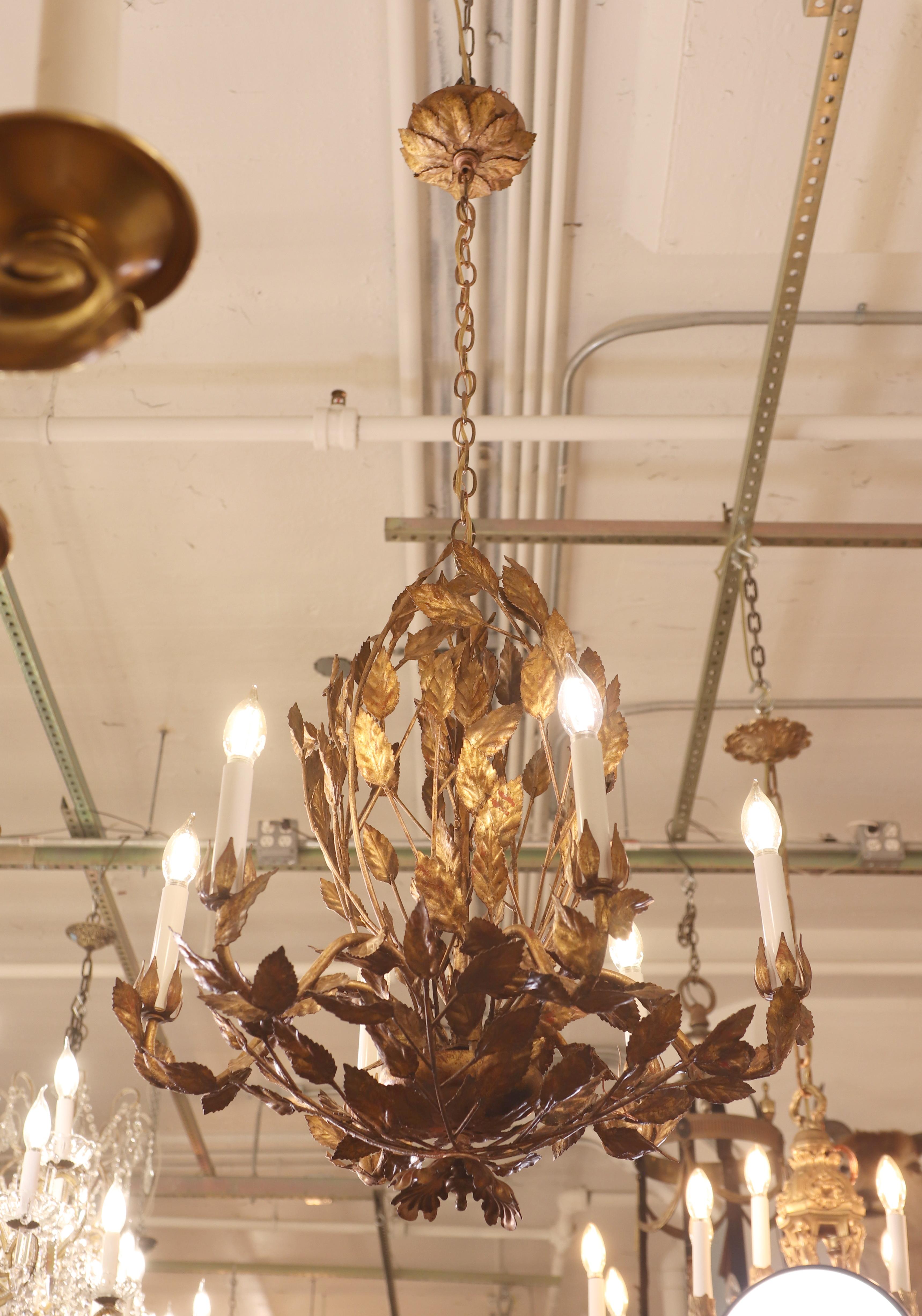 20th Century Restored Gilded Leaves 6 Light Chandelier Done in a Tole Style For Sale
